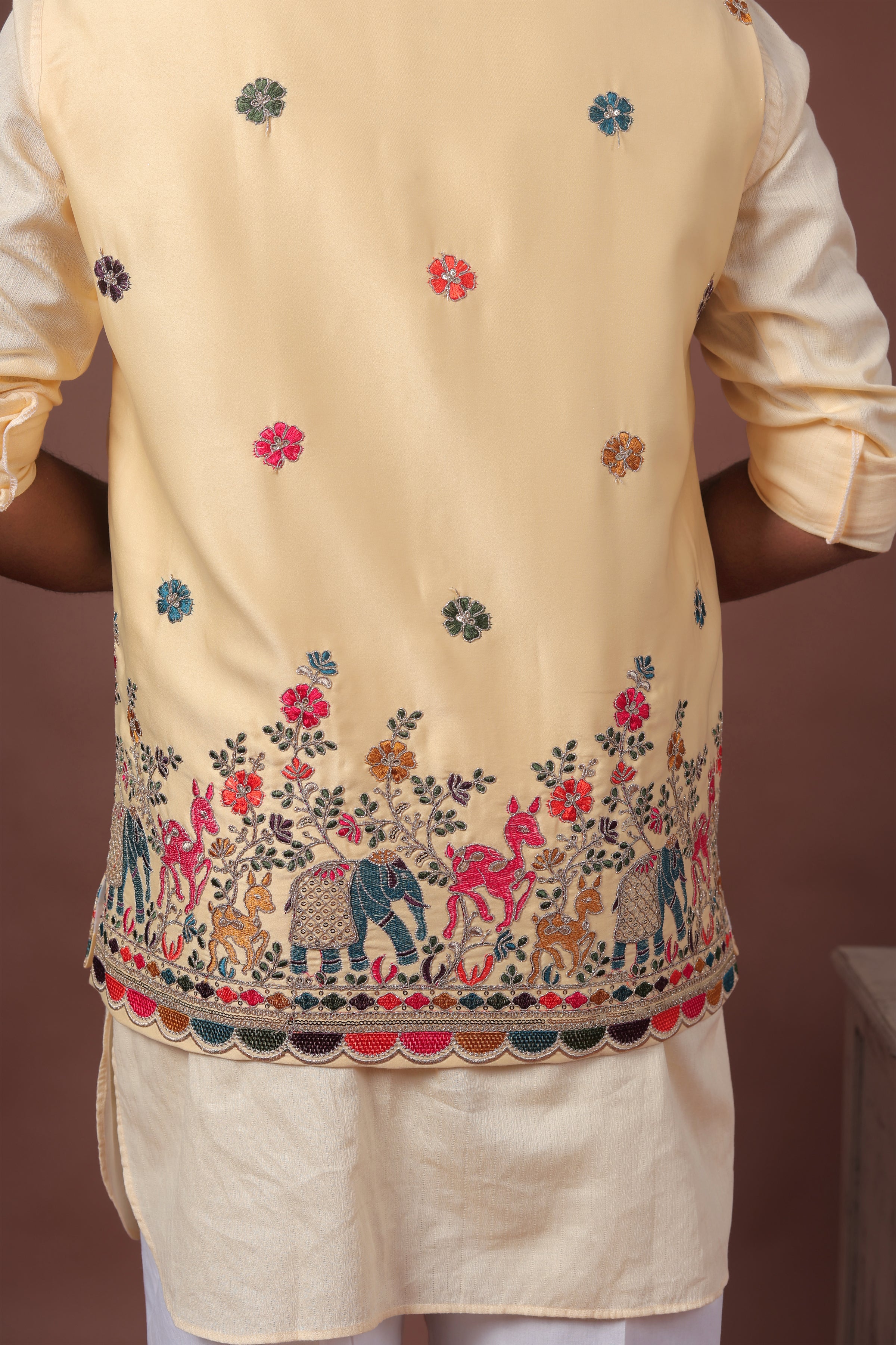 Yellow Velvet Nehru Jacket with Animal & Floral Embroidery