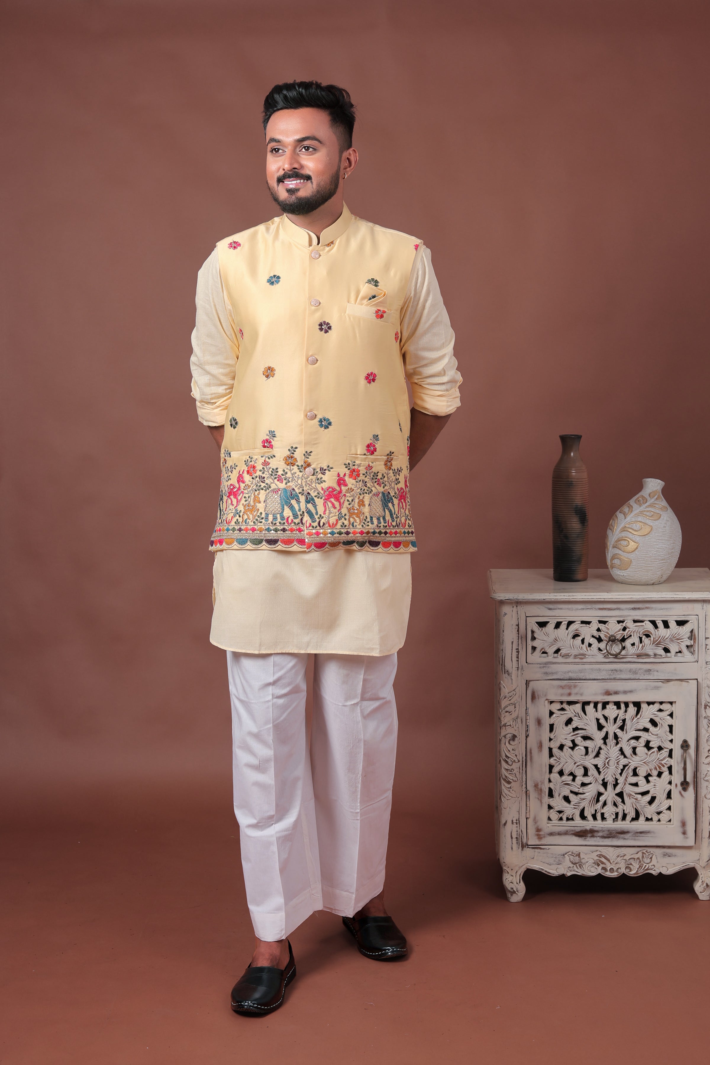 Yellow Velvet Nehru Jacket with Animal & Floral Embroidery