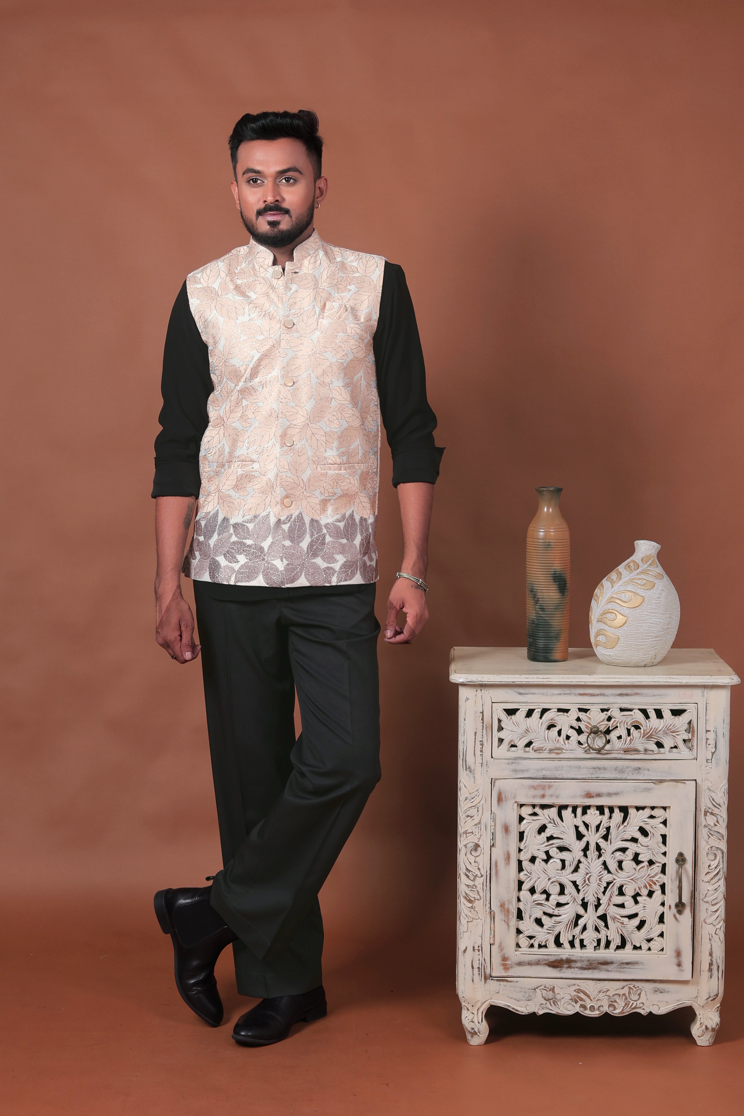 Cream Velvet Nehru Jacket with Leaf Embroidery