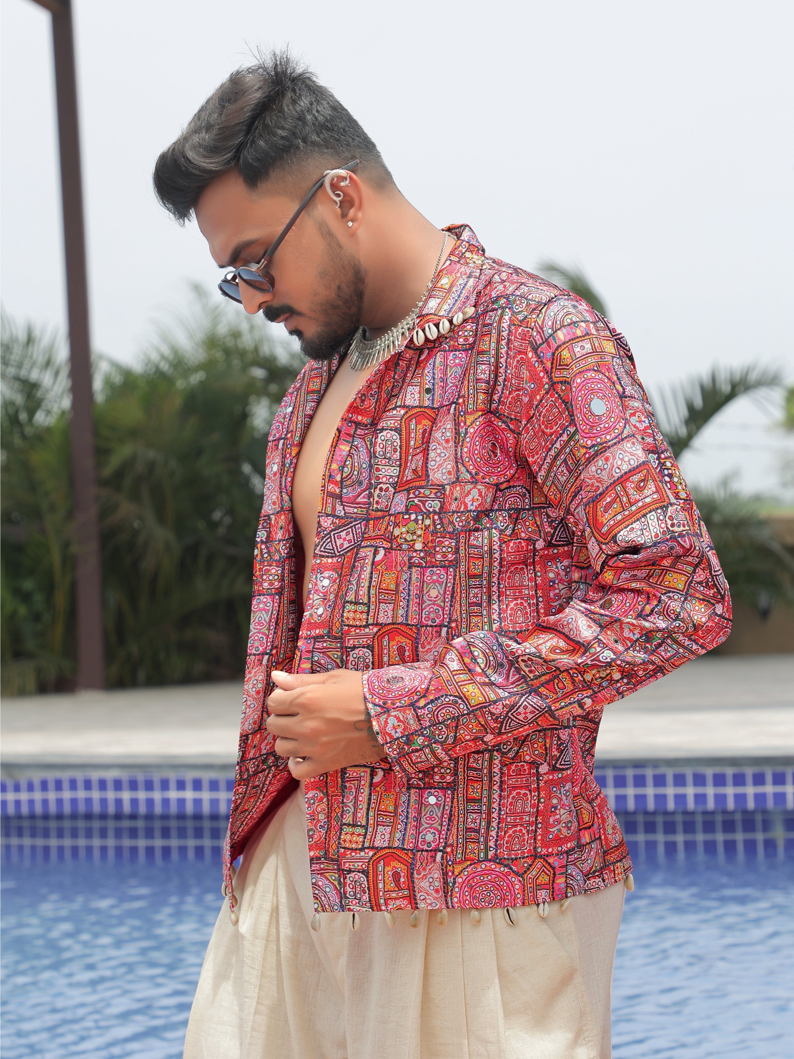 Red Mirror Work Printed Ethnic Jacket