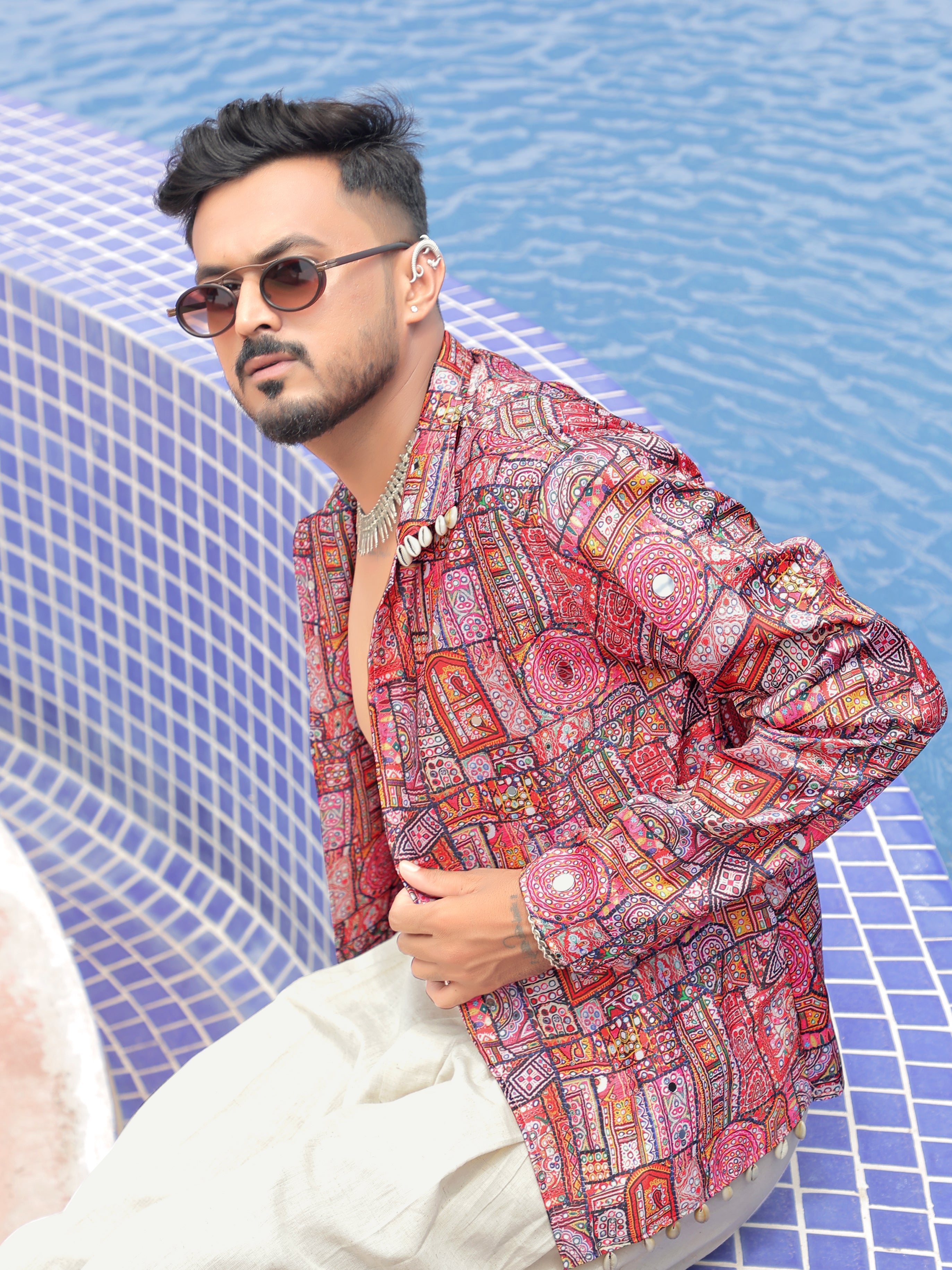 Red Mirror Work Printed Ethnic Jacket