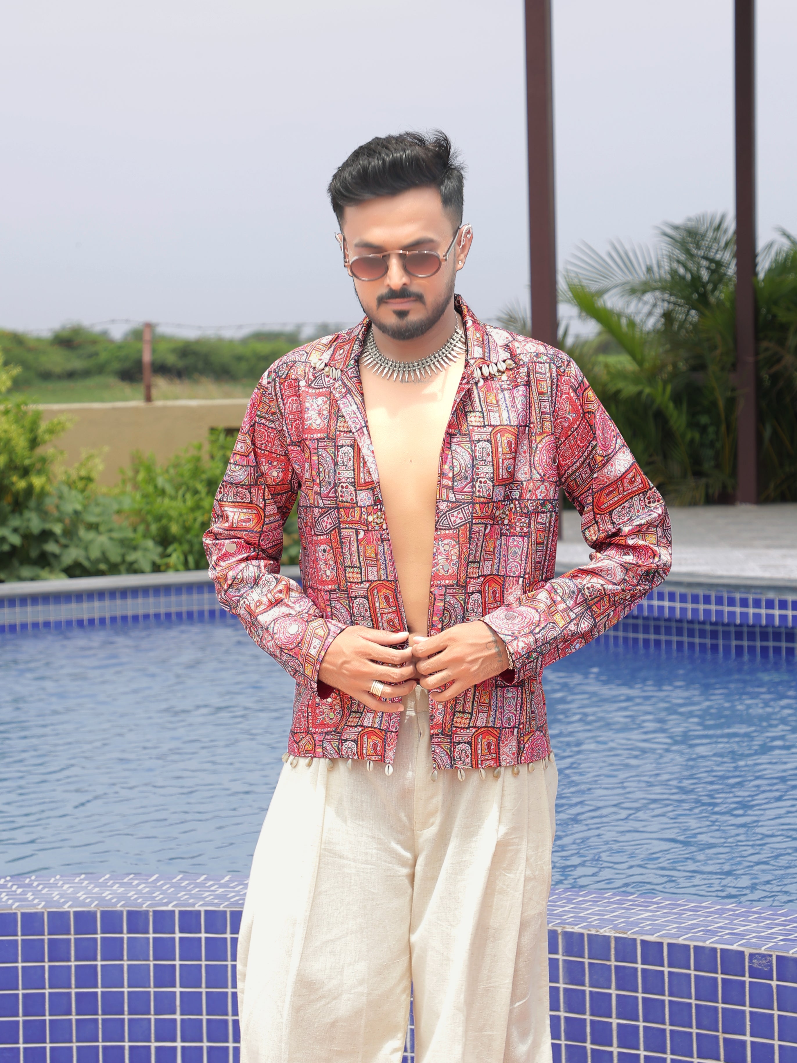 Red Mirror Work Printed Ethnic Jacket
