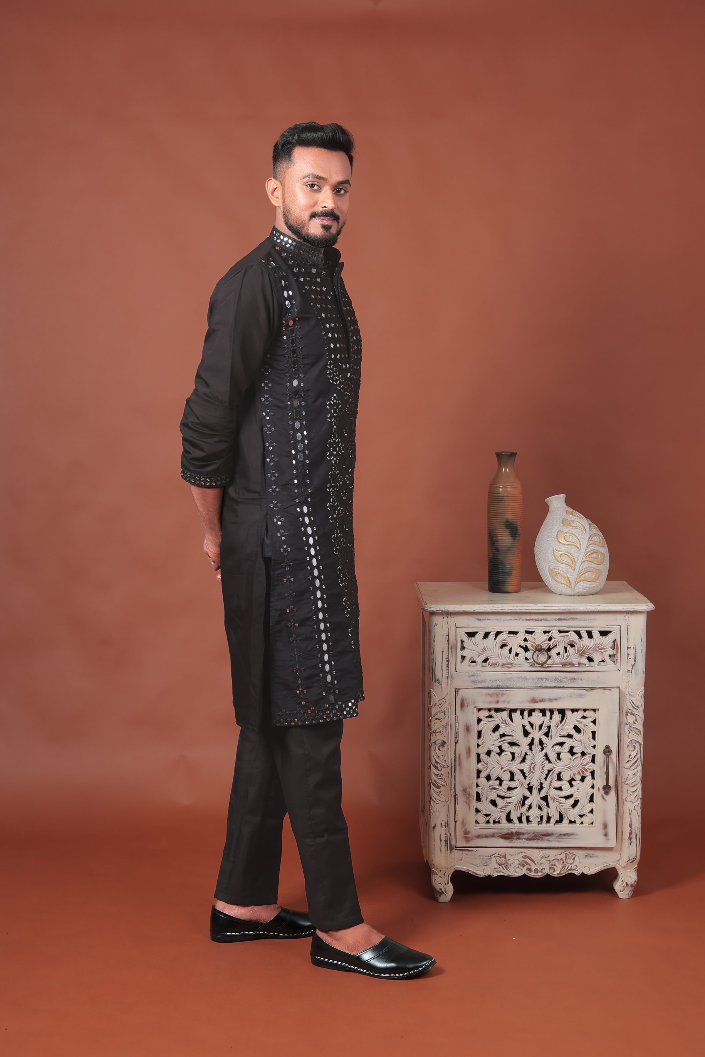 Black Mirror Work Embroidered Cotton Silk Kurta Set