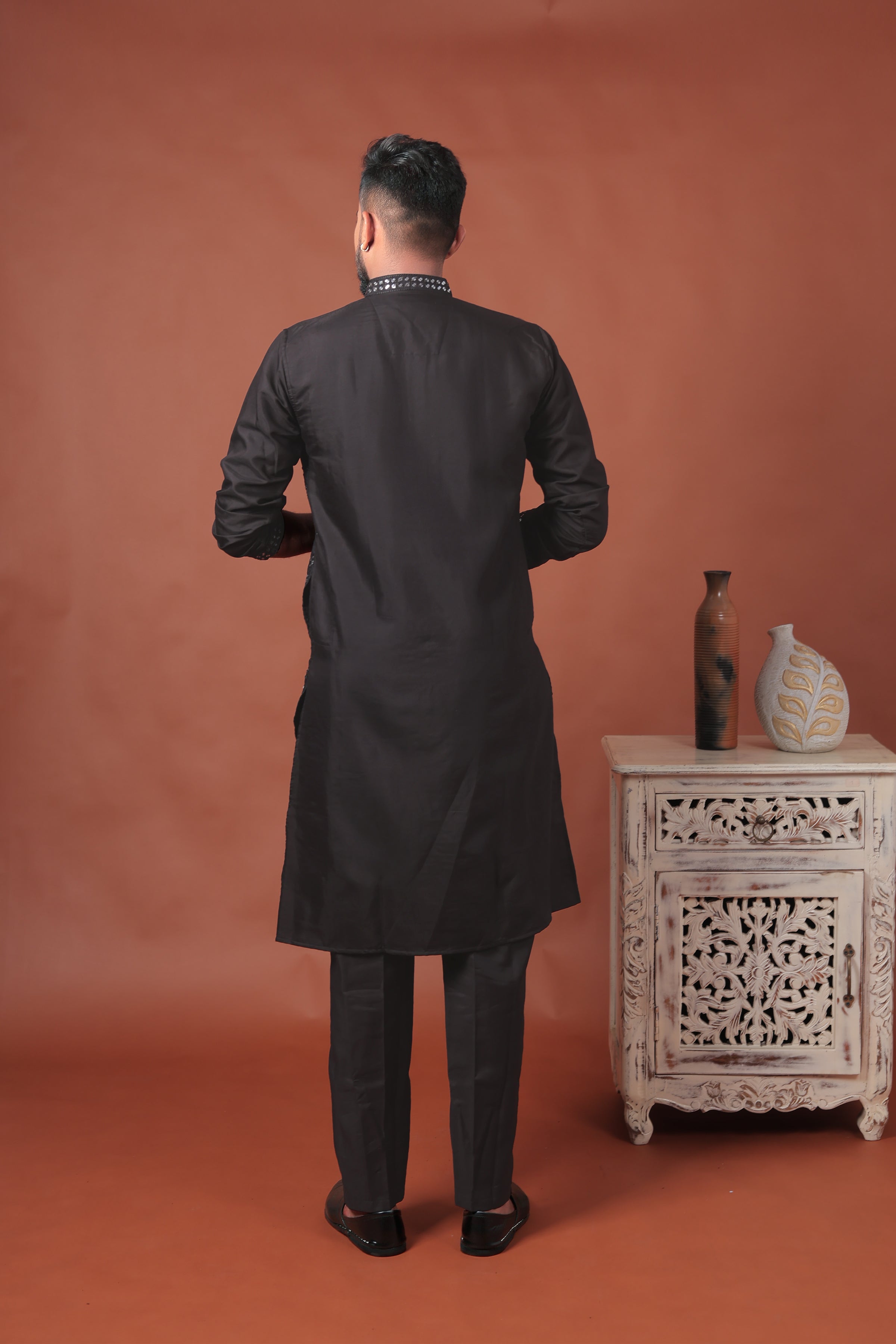 Black Mirror Work Embroidered Cotton Silk Kurta Set