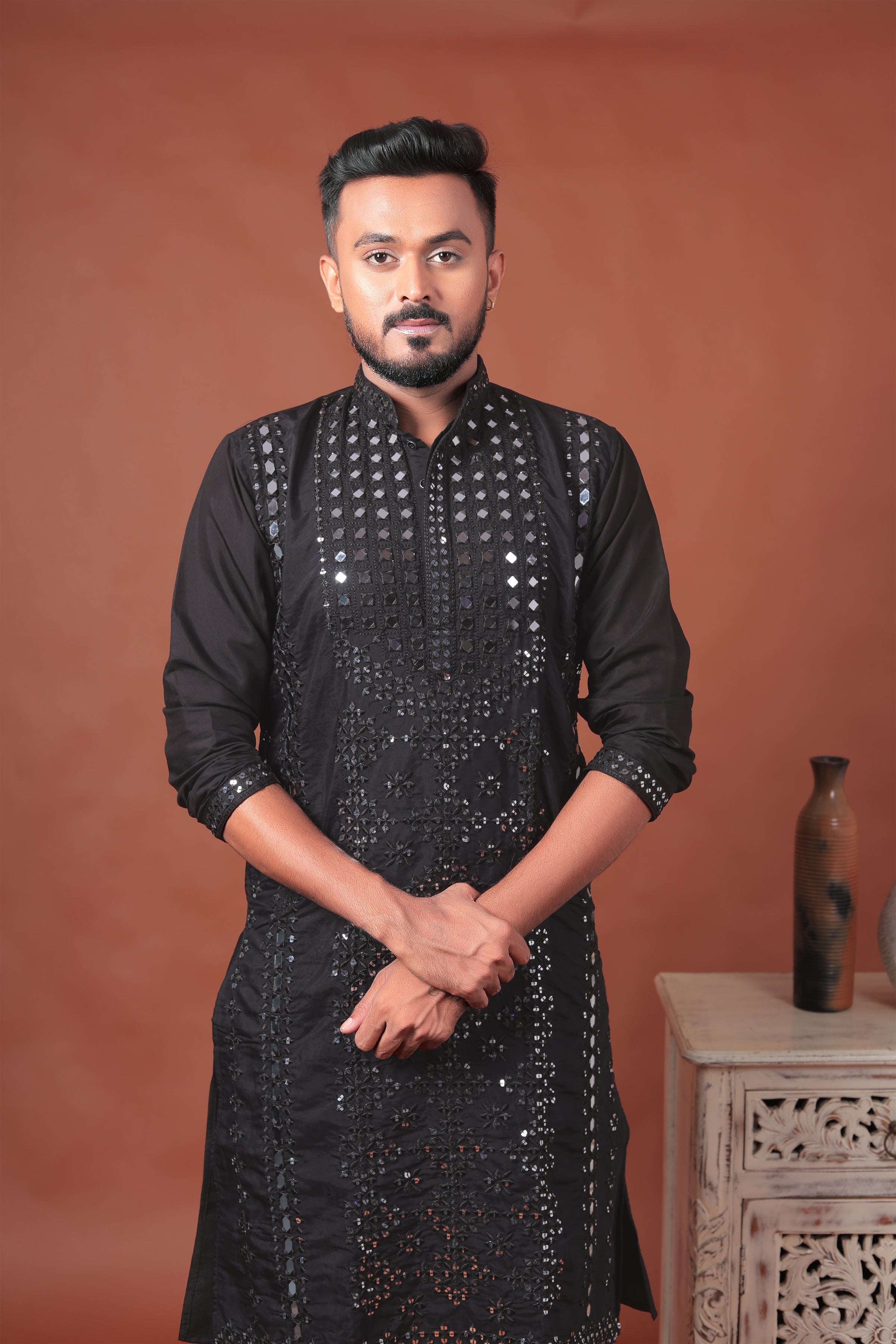 Black Mirror Work Embroidered Cotton Silk Kurta Set