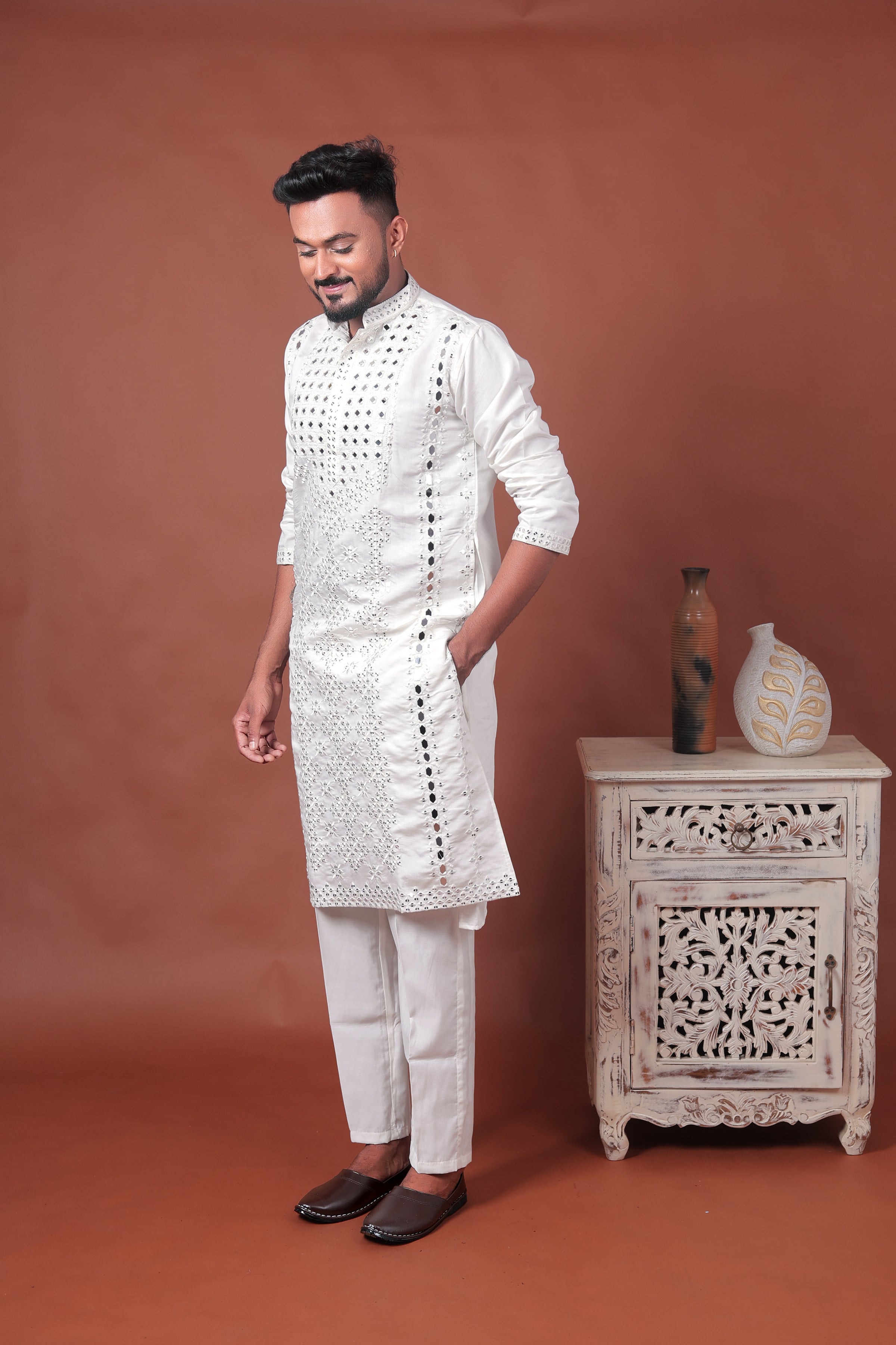 White Mirror Work Embroidered Cotton Silk Kurta Set