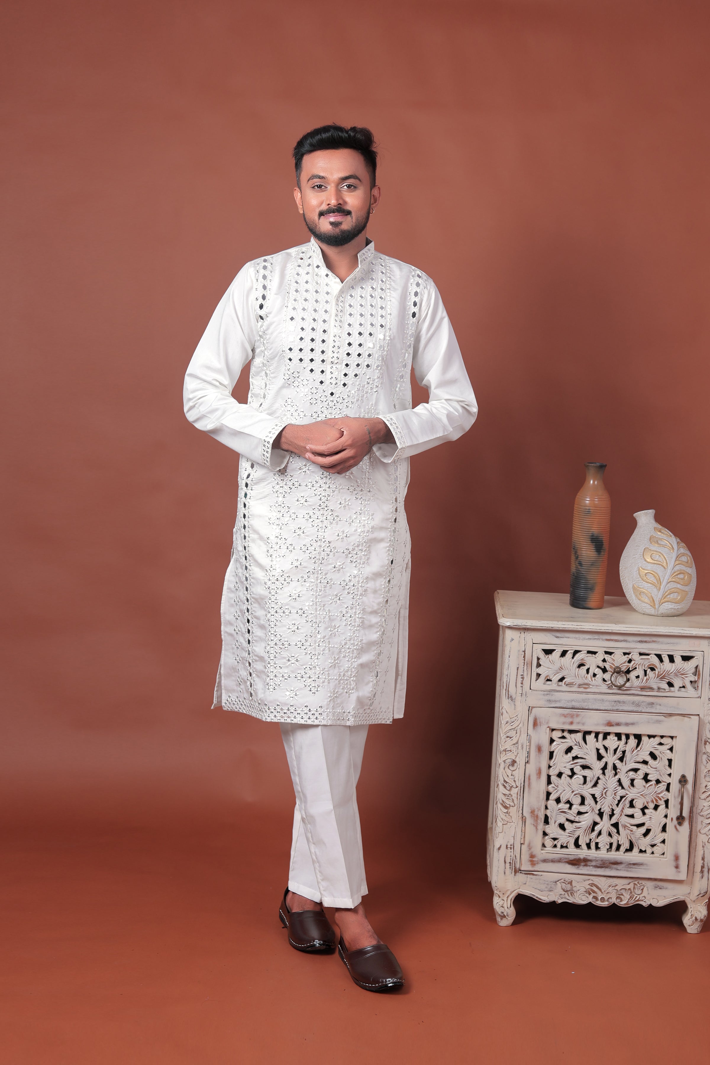 White Mirror Work Embroidered Cotton Silk Kurta Set