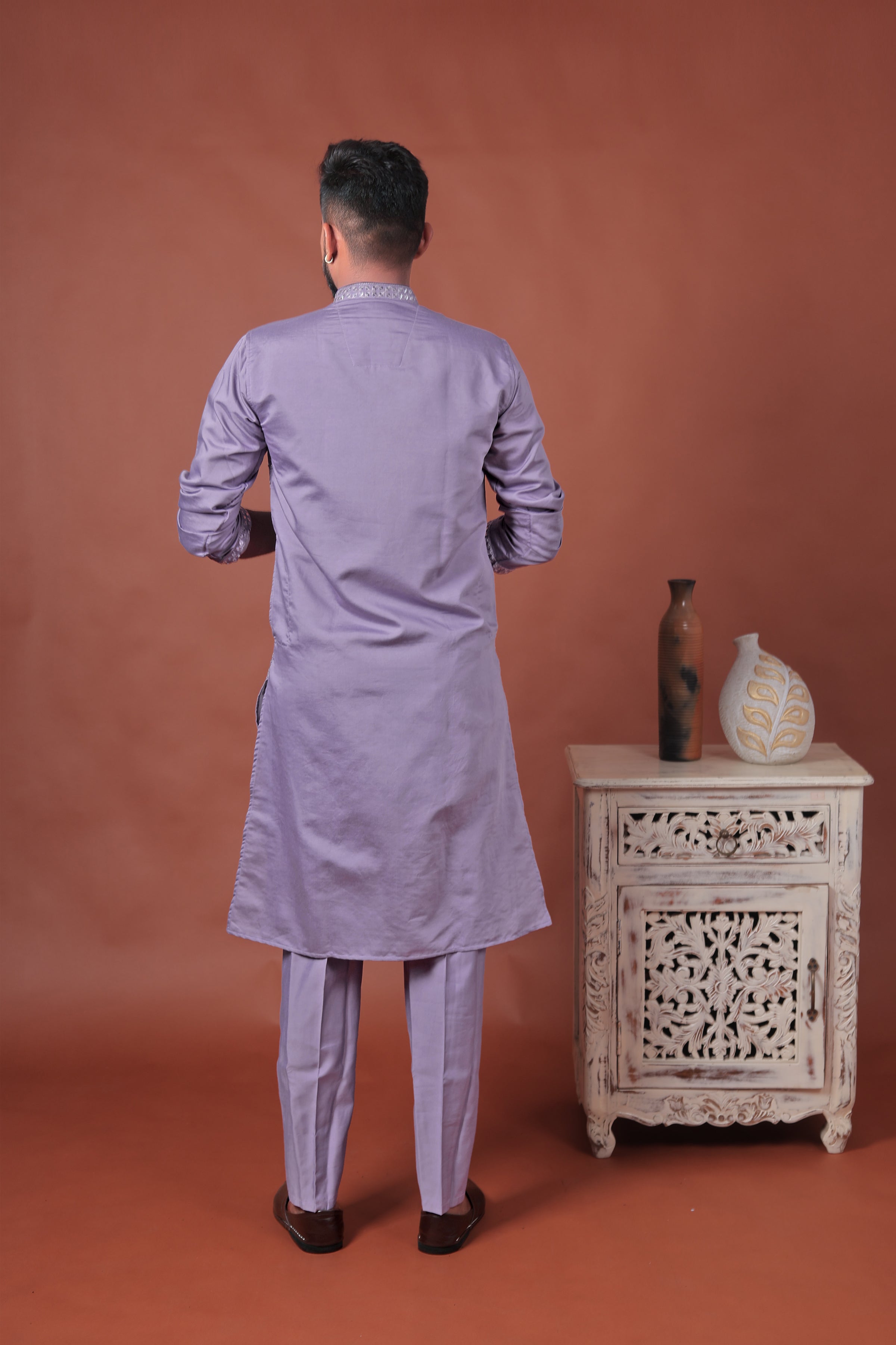 Purple Mirror Work Embroidered Cotton Silk Kurta Set