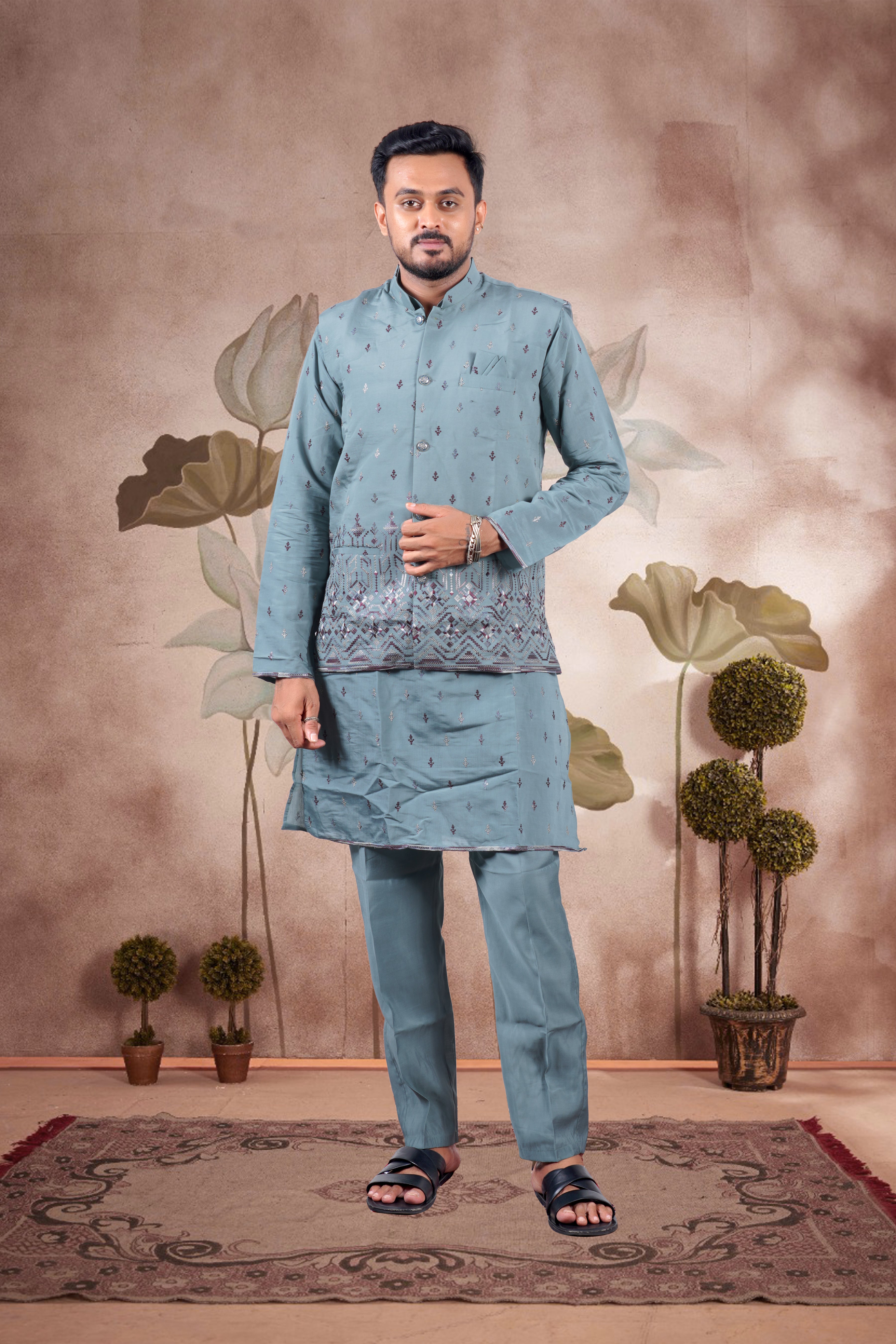 Cadet Blue Embroidered Kurta Set with Jacket – Wedding Look