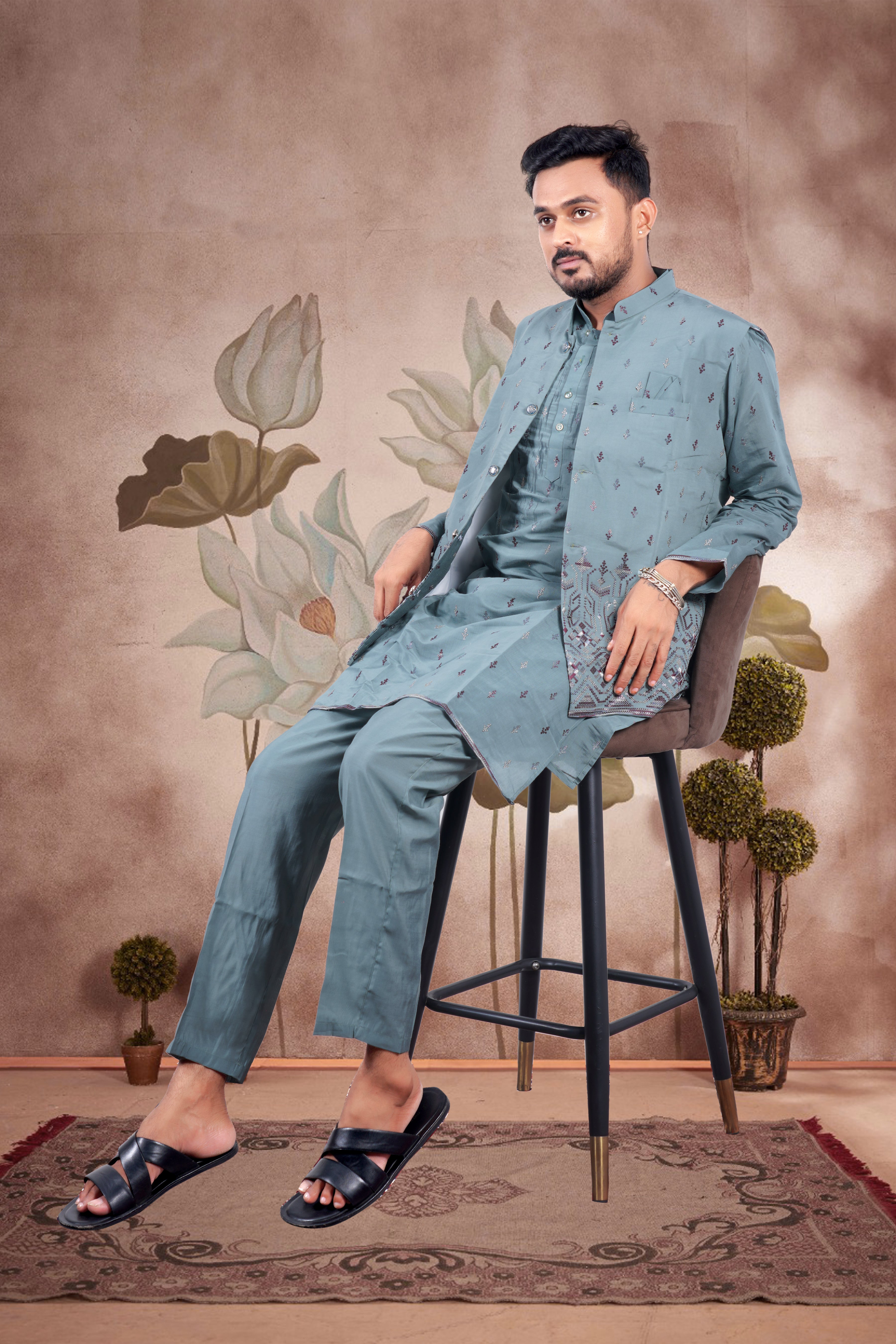 Cadet Blue Embroidered Kurta Set with Jacket – Wedding Look