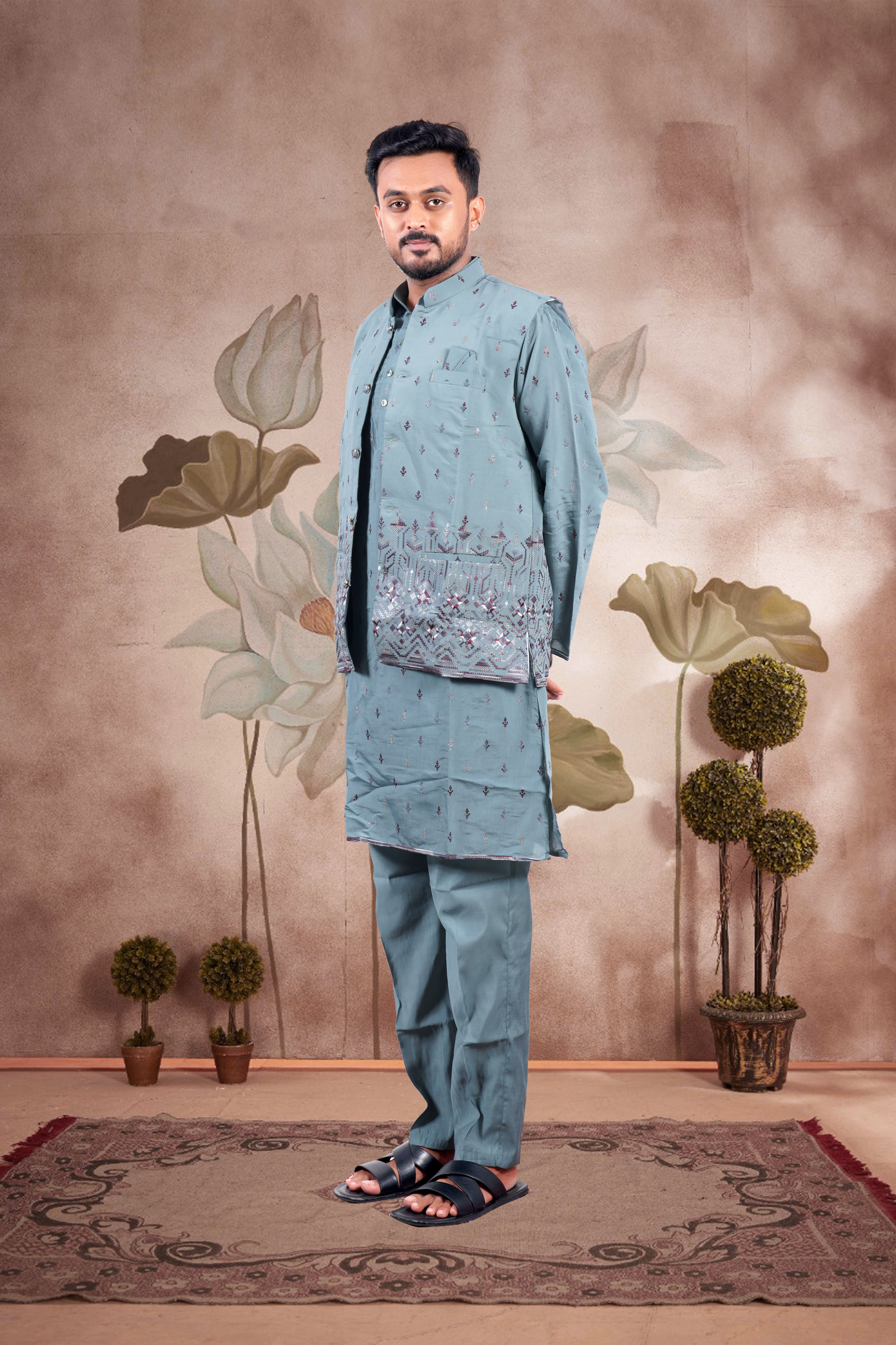 Cadet Blue Embroidered Kurta Set with Jacket – Wedding Look