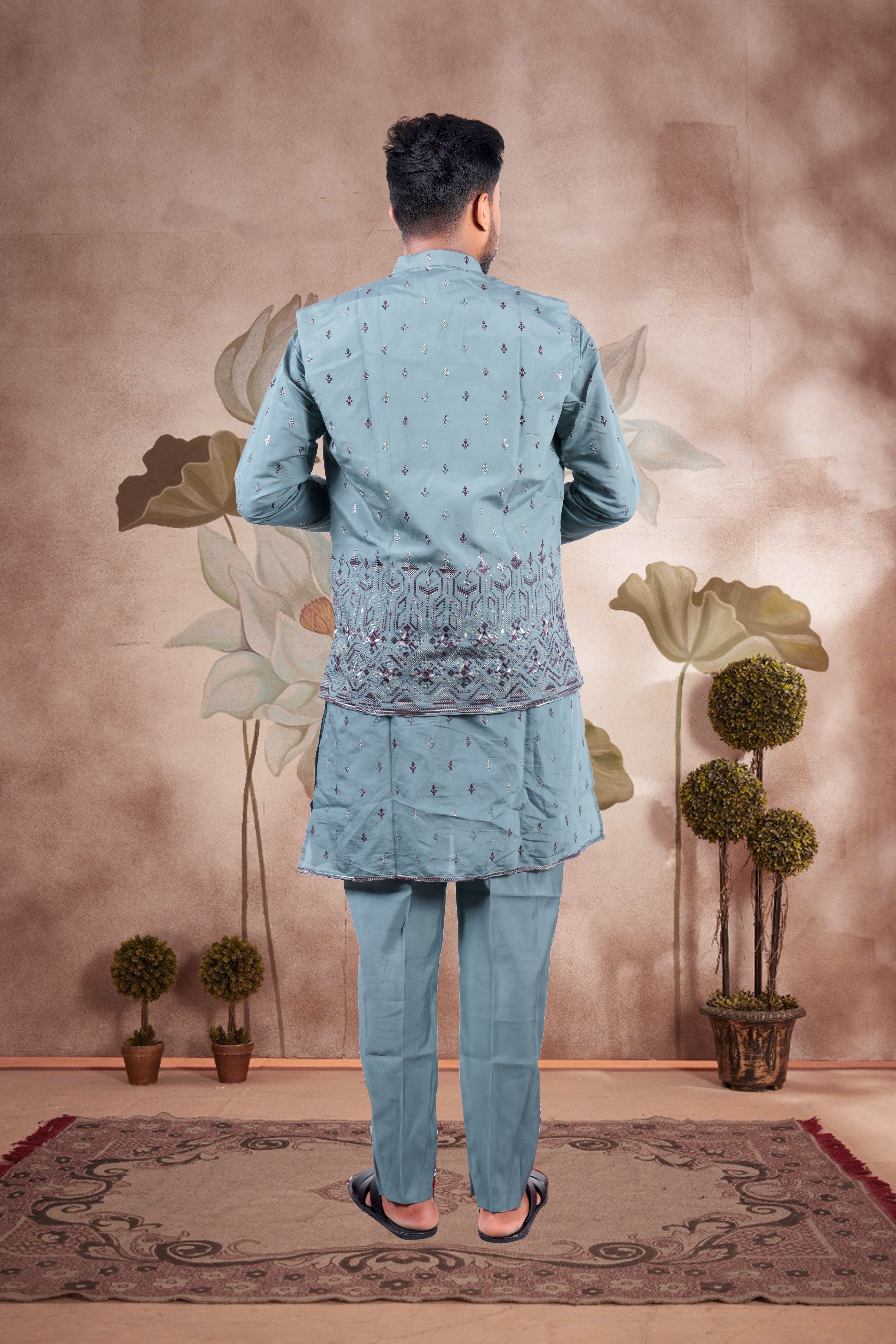 Cadet Blue Embroidered Kurta Set with Jacket – Wedding Look