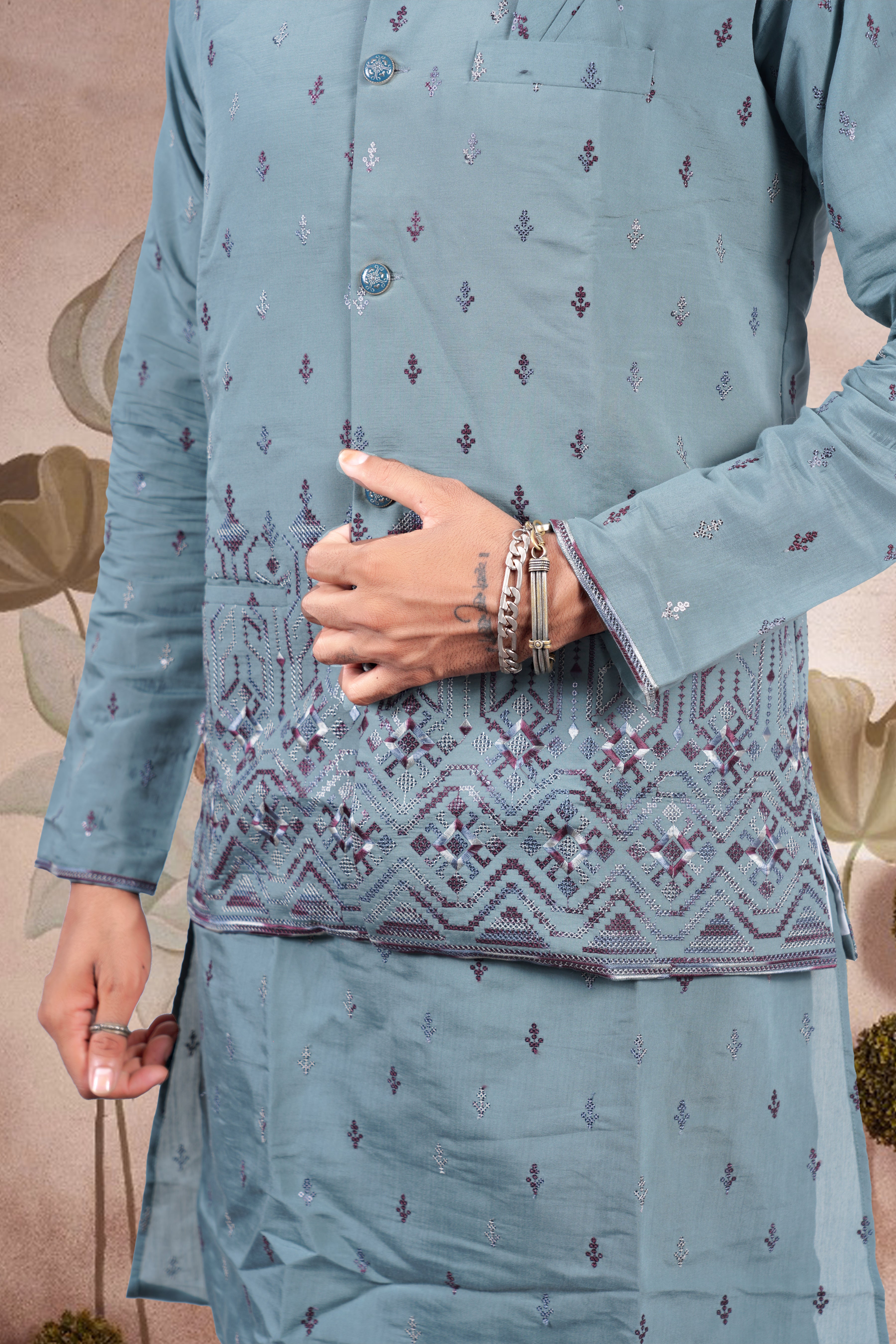 Cadet Blue Embroidered Kurta Set with Jacket – Wedding Look