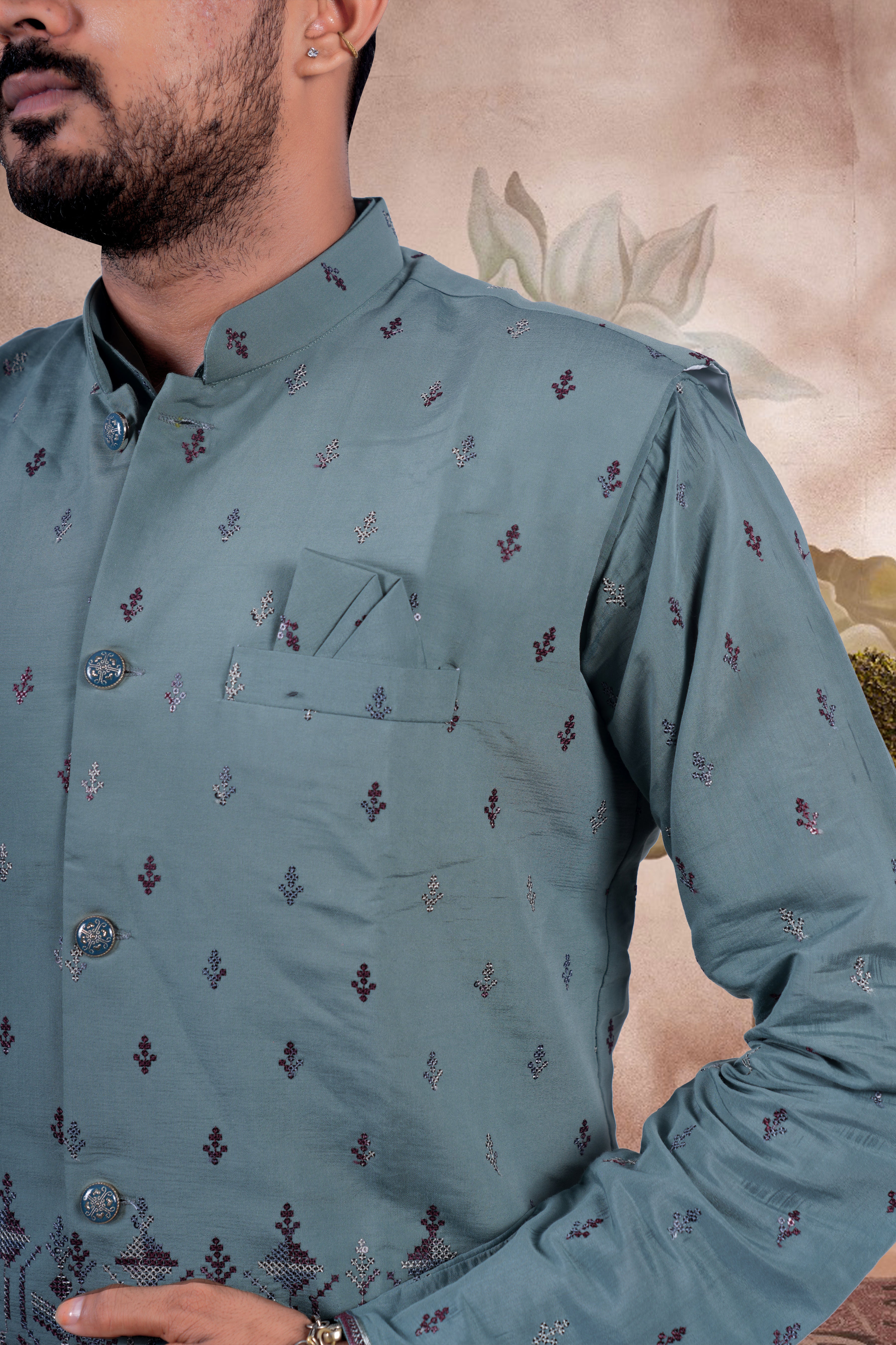 Cadet Blue Embroidered Kurta Set with Jacket – Wedding Look