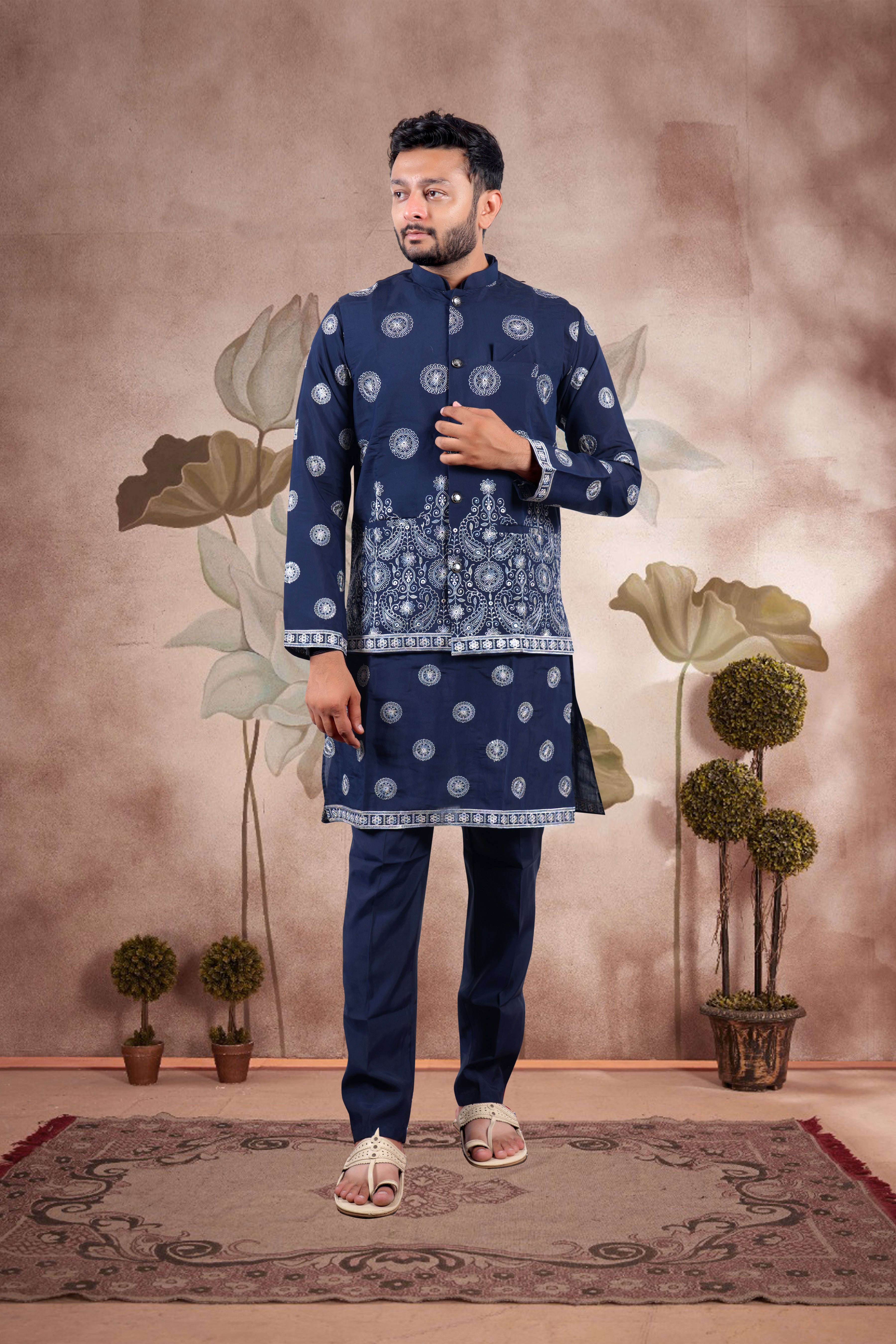 Navy Embroidered Kurta Set with Jacket – Paisley Wedding Edition