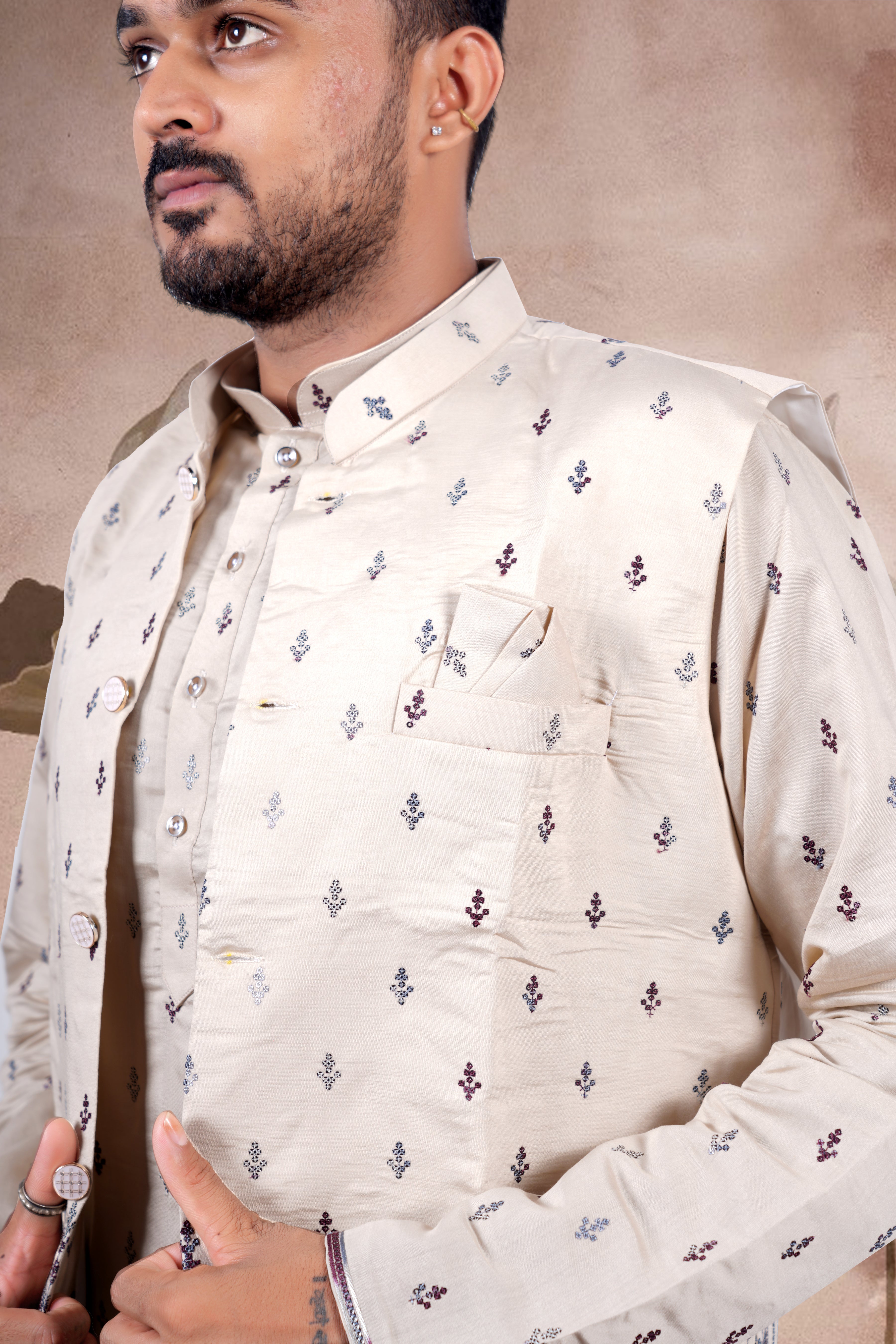 Beige Embroidered Kurta Set with Jacket – Regal Wedding Edition