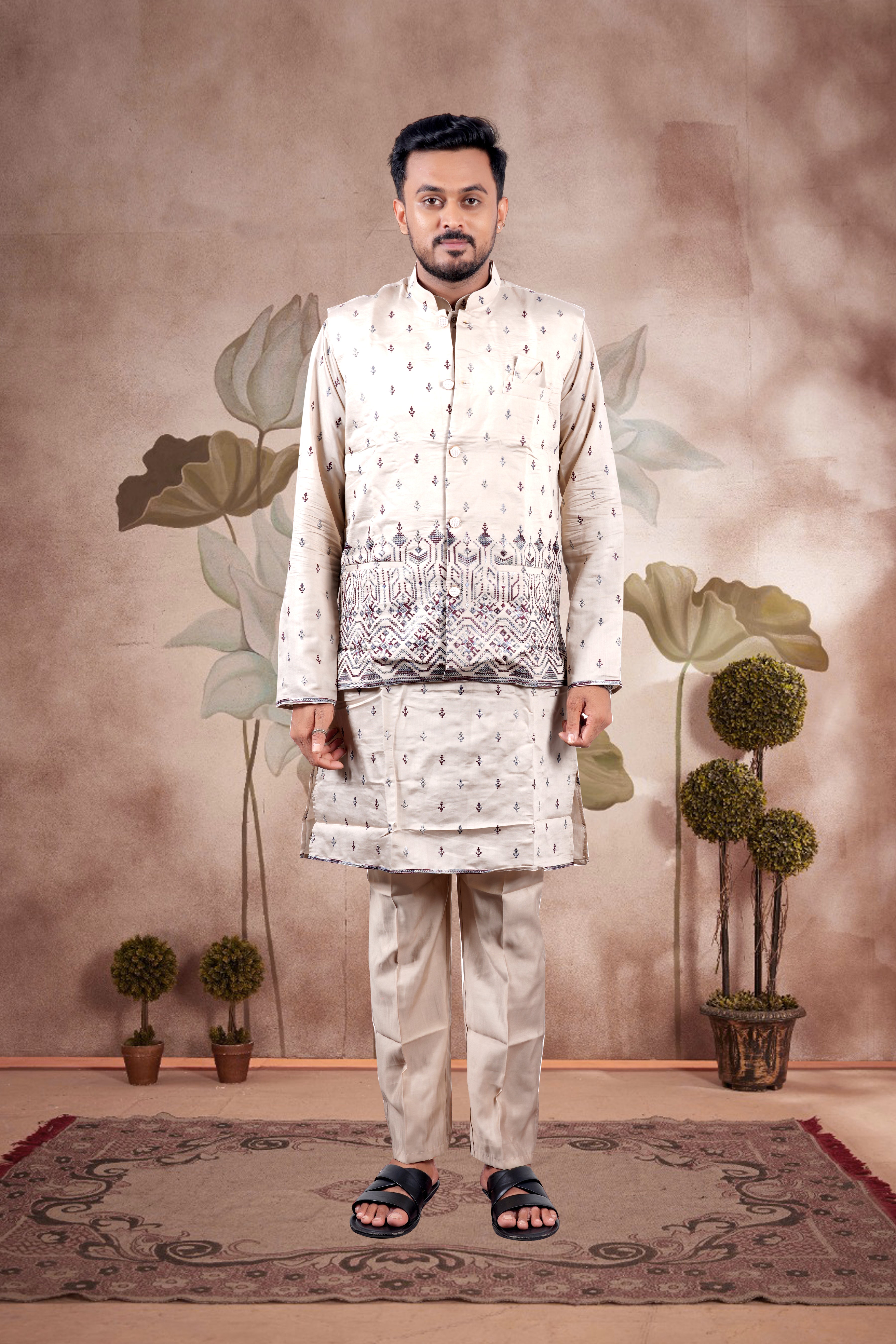 Beige Embroidered Kurta Set with Jacket – Regal Wedding Edition