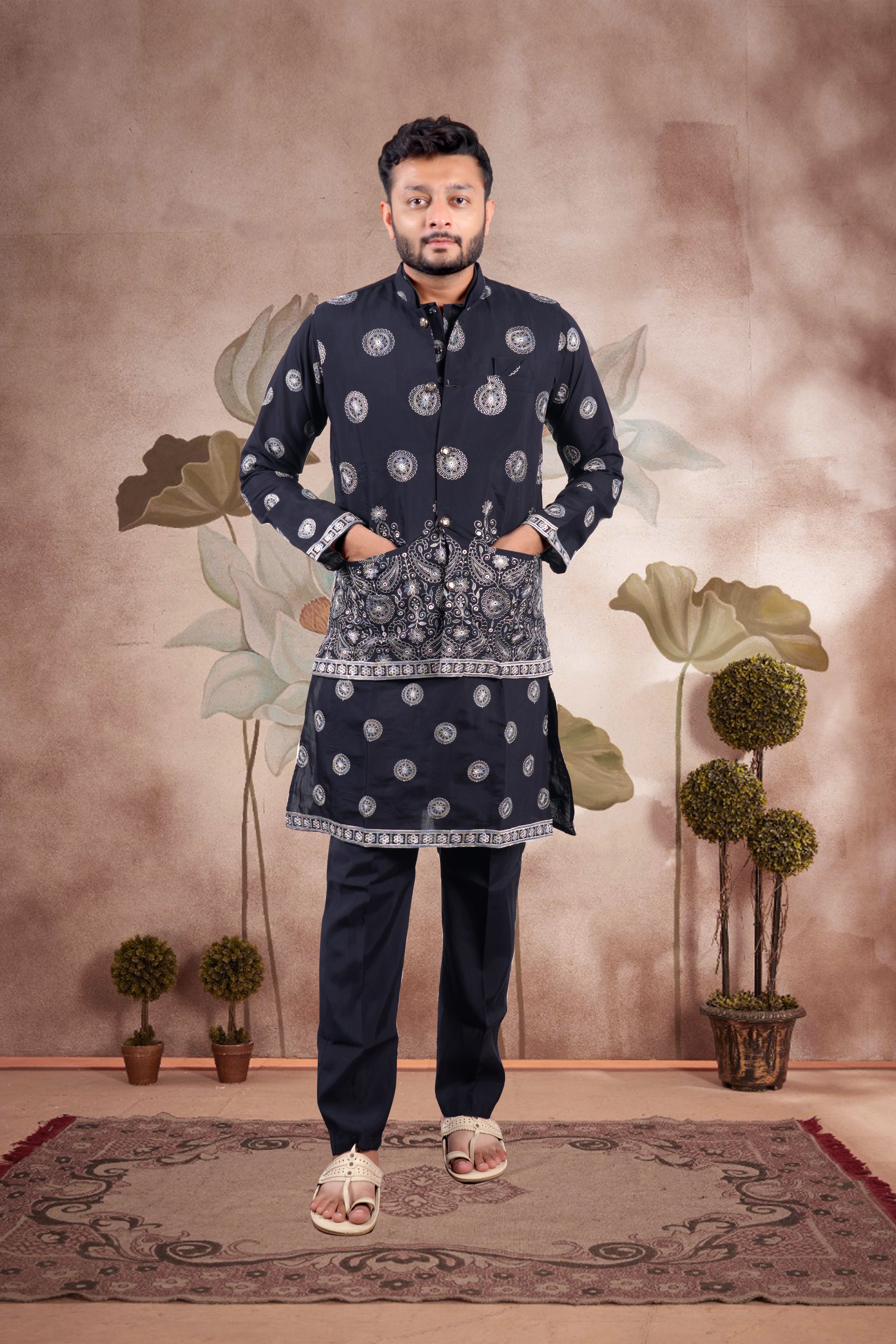 Black Embroidered Kurta Set with Jacket