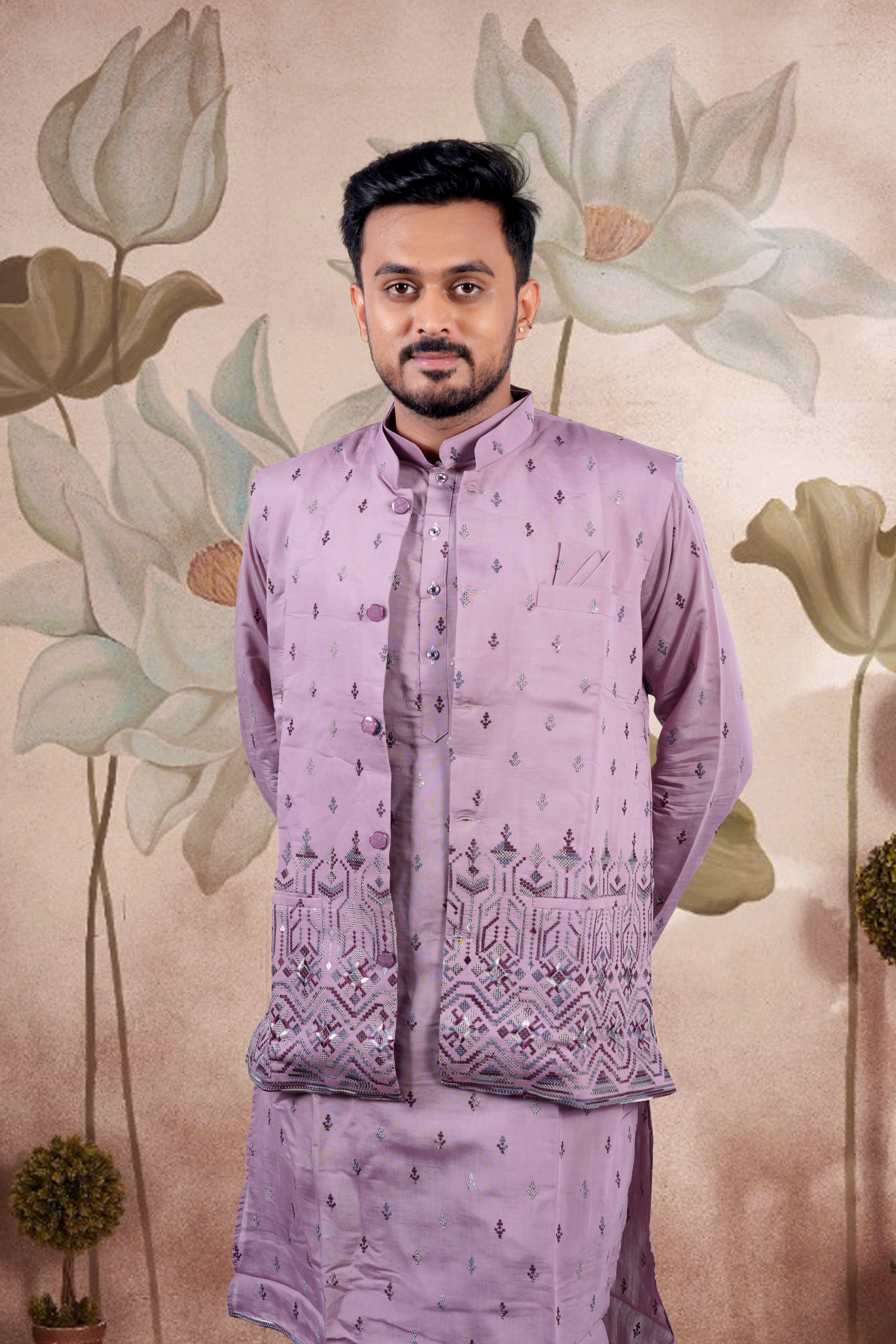 Lavender Embroidered Kurta Set with Jacket