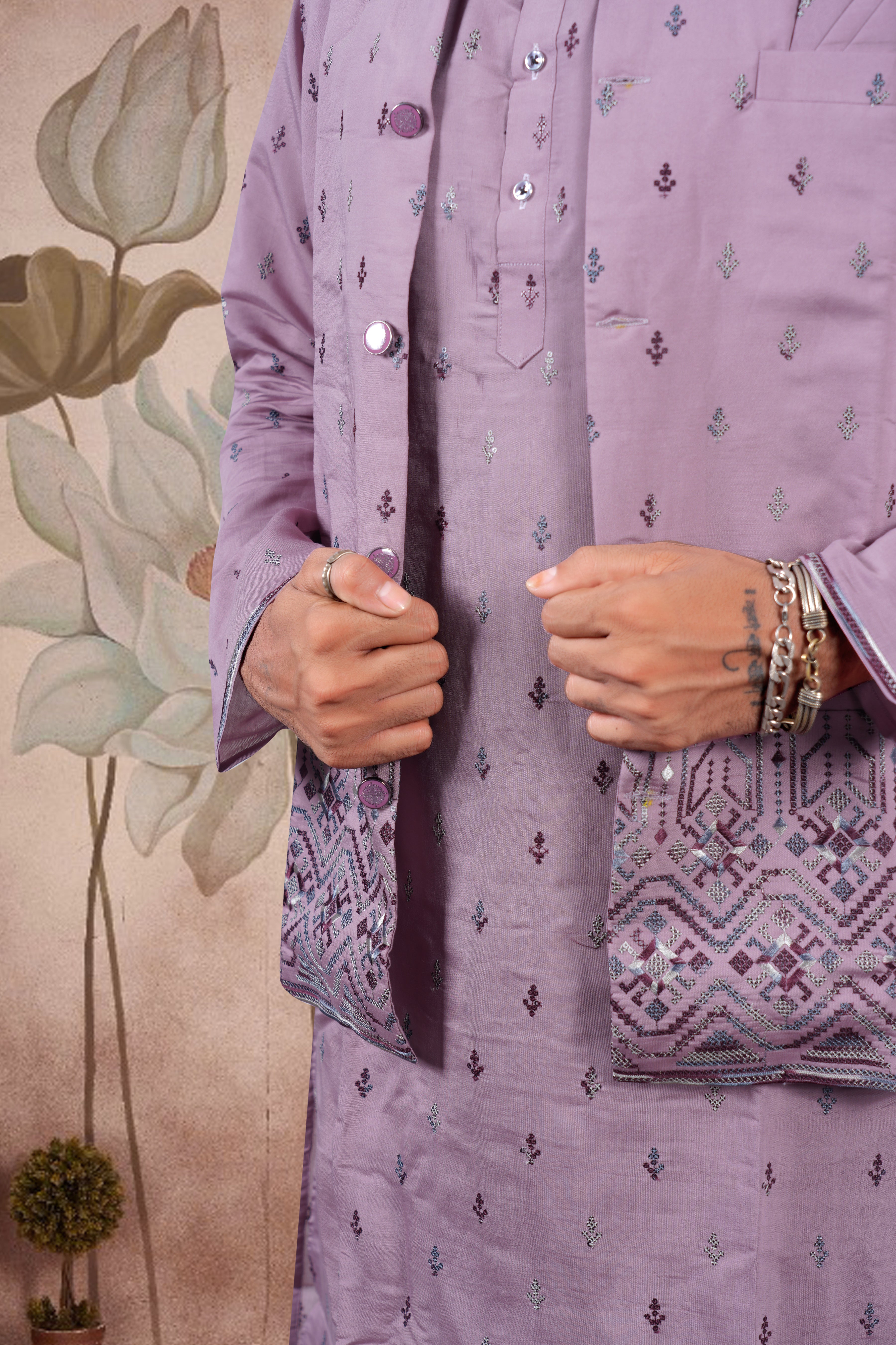 Lavender Embroidered Kurta Set with Jacket