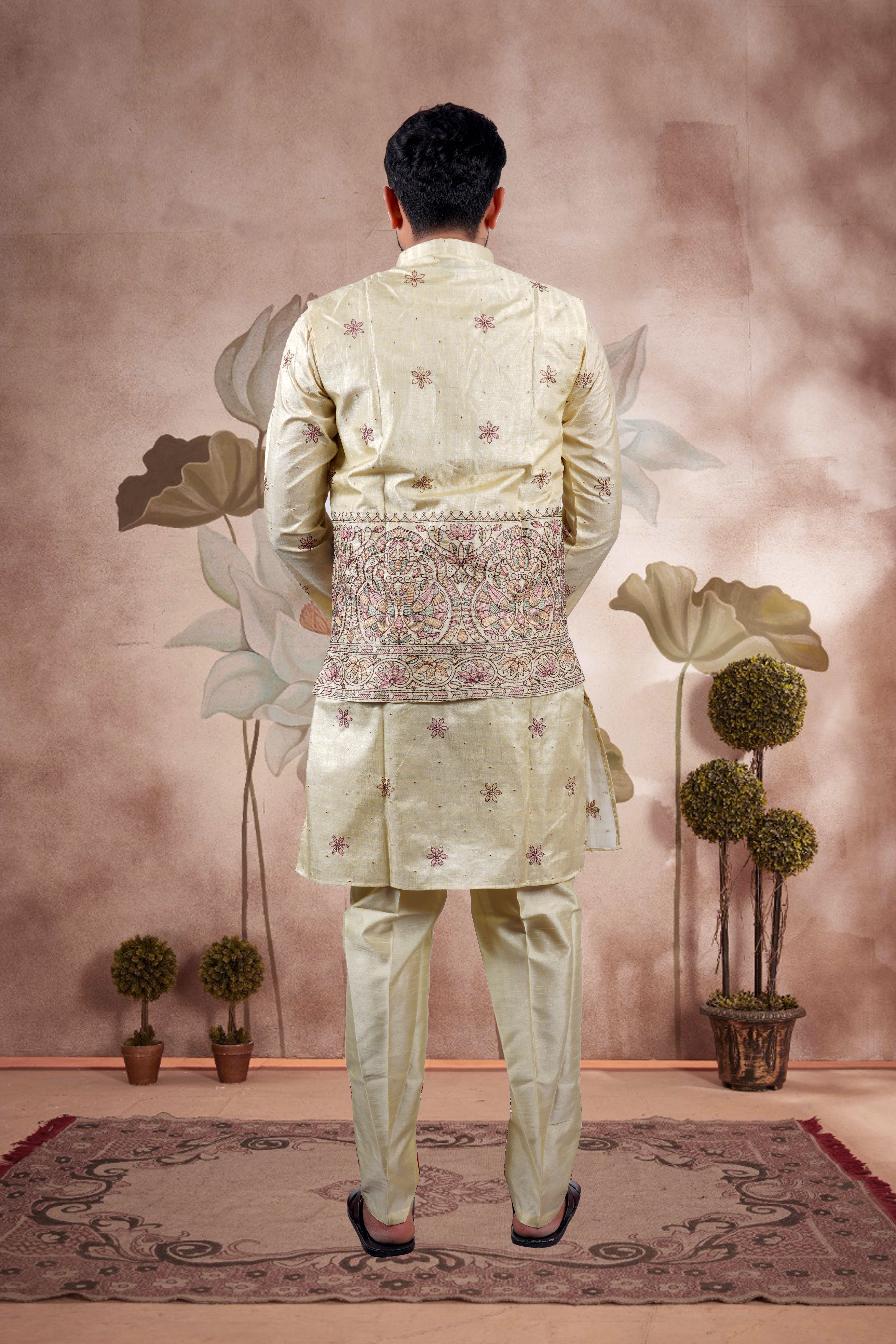 Yellow Embroidered Kurta Set with Jacket