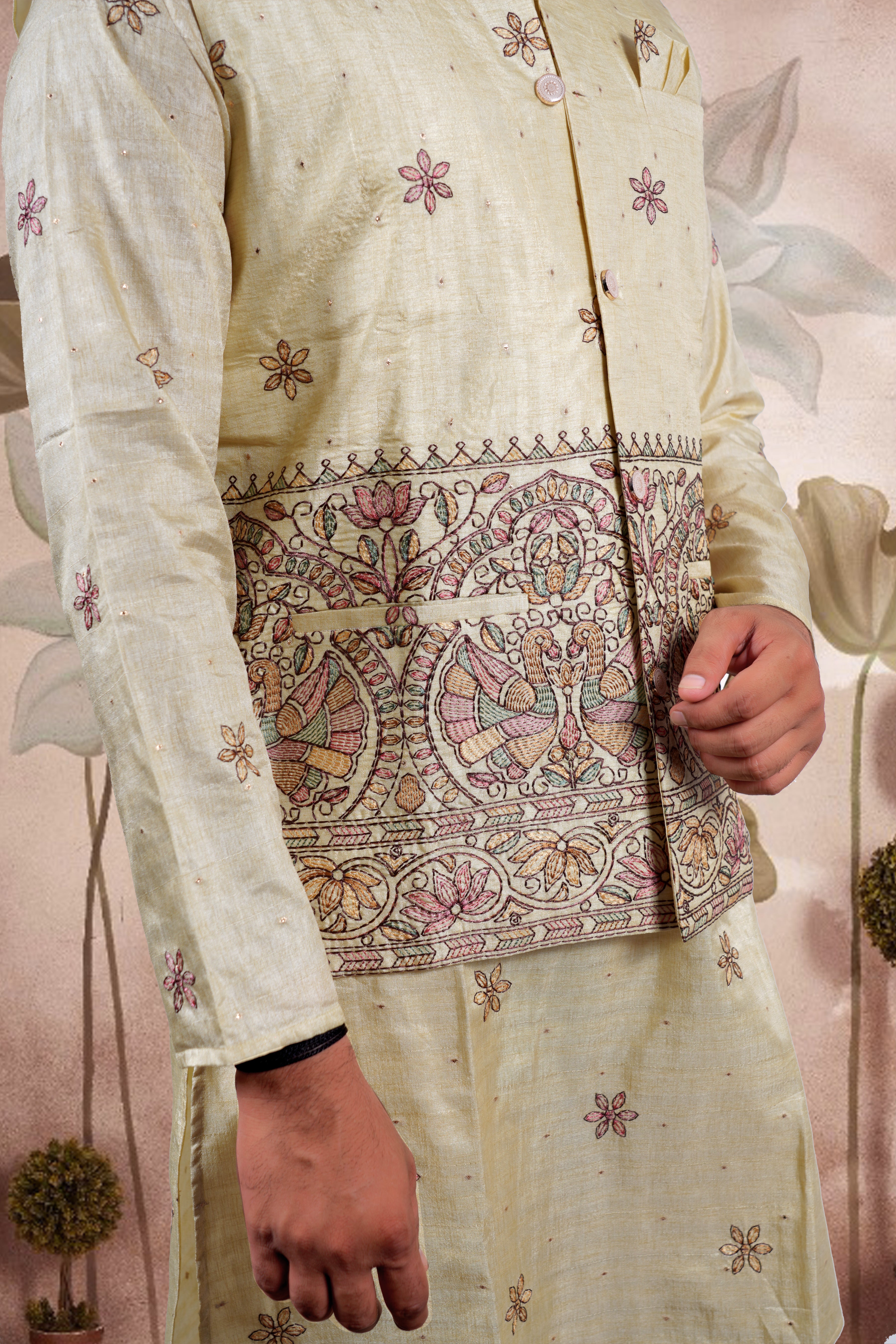 Yellow Embroidered Kurta Set with Jacket