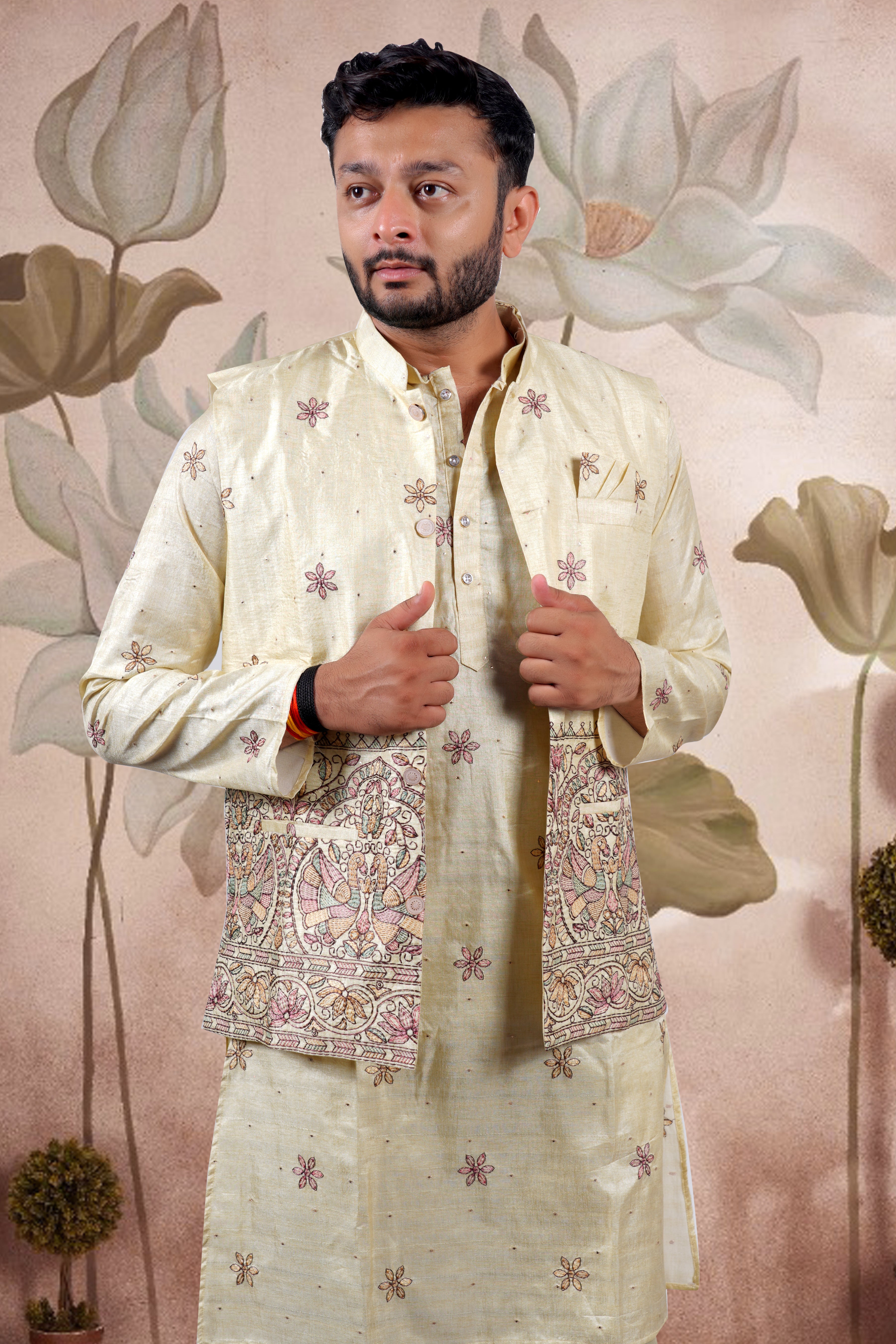 Yellow Embroidered Kurta Set with Jacket