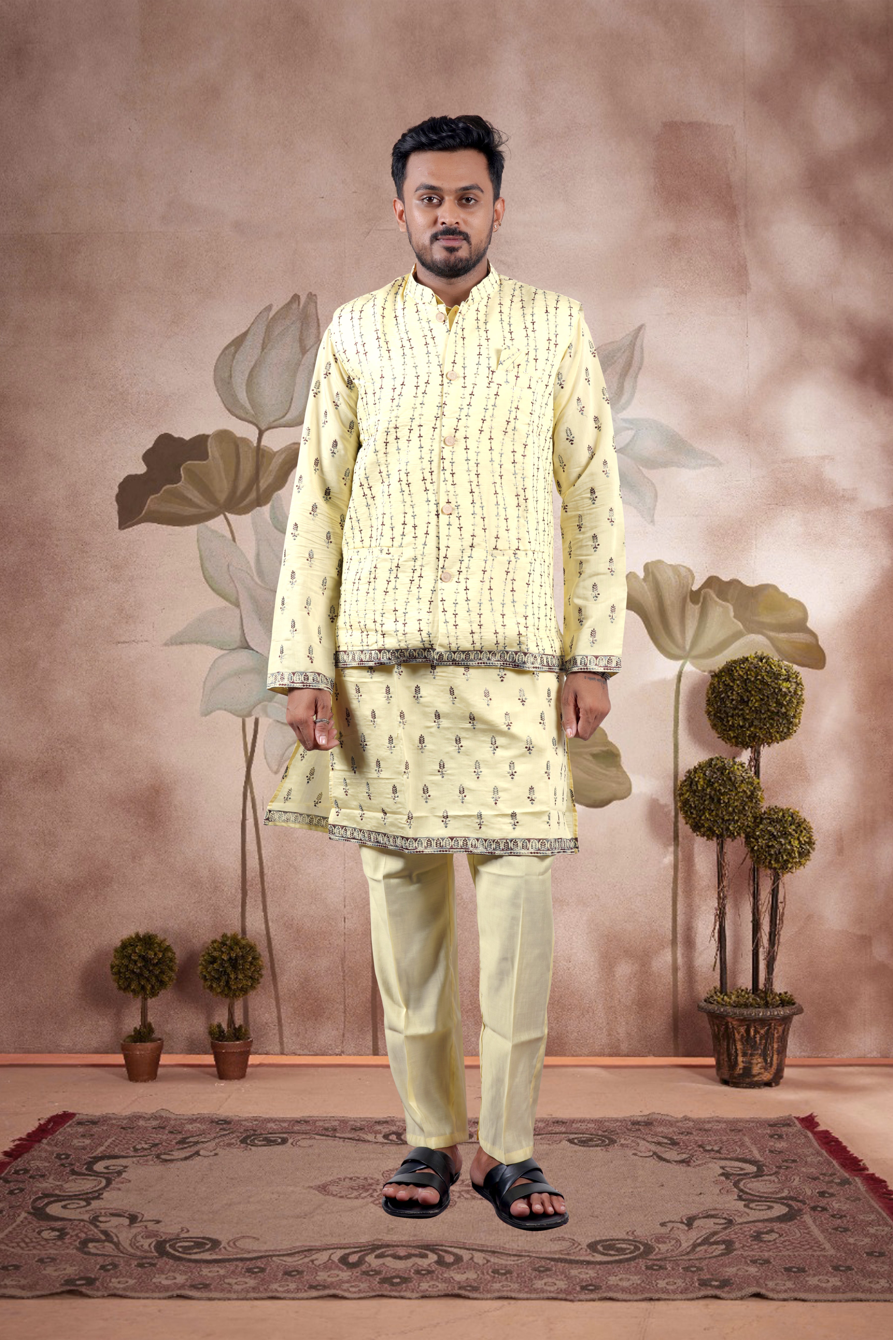 Yellow Embroidered Kurta Set with Jacket
