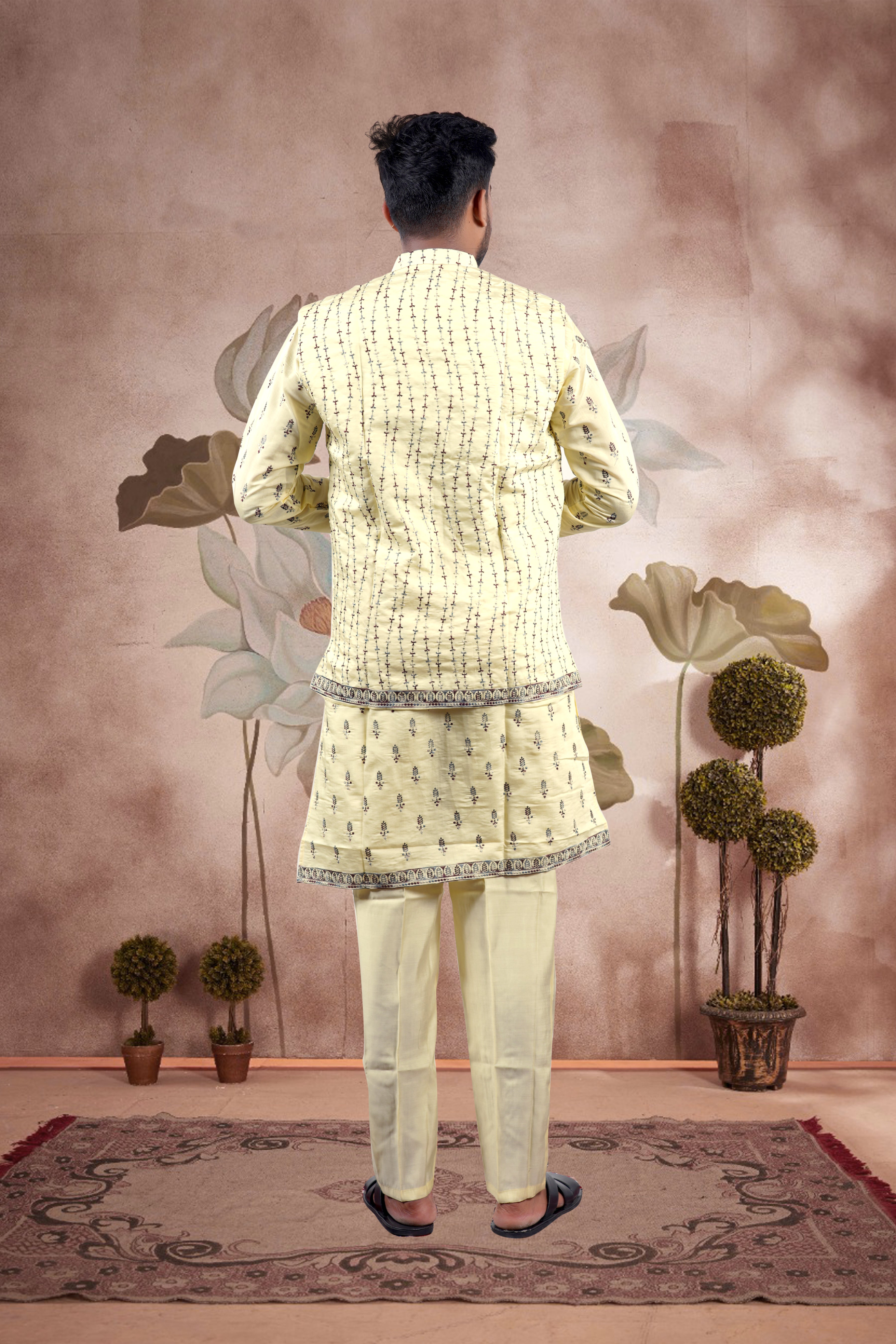 Yellow Embroidered Kurta Set with Jacket