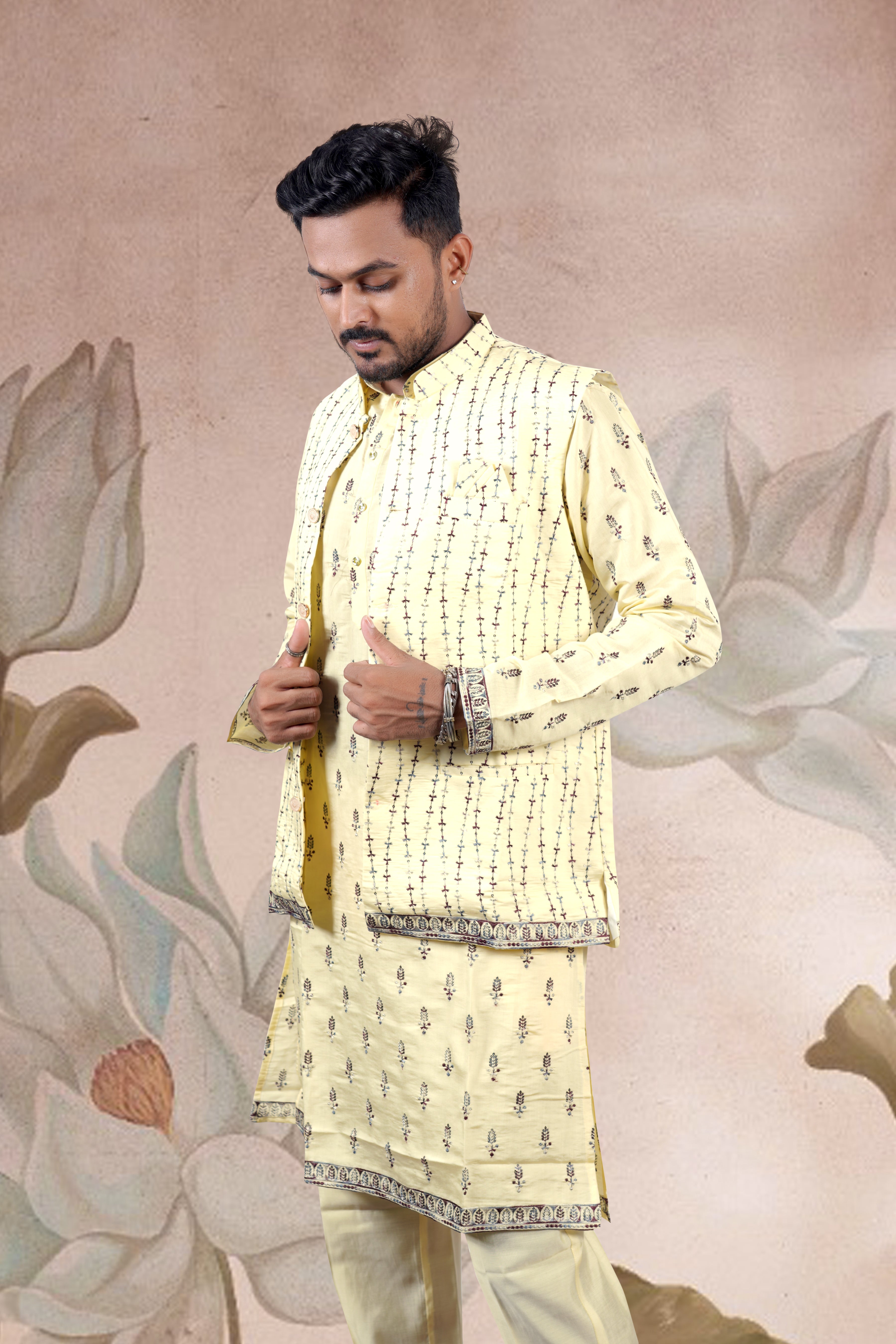 Yellow Embroidered Kurta Set with Jacket