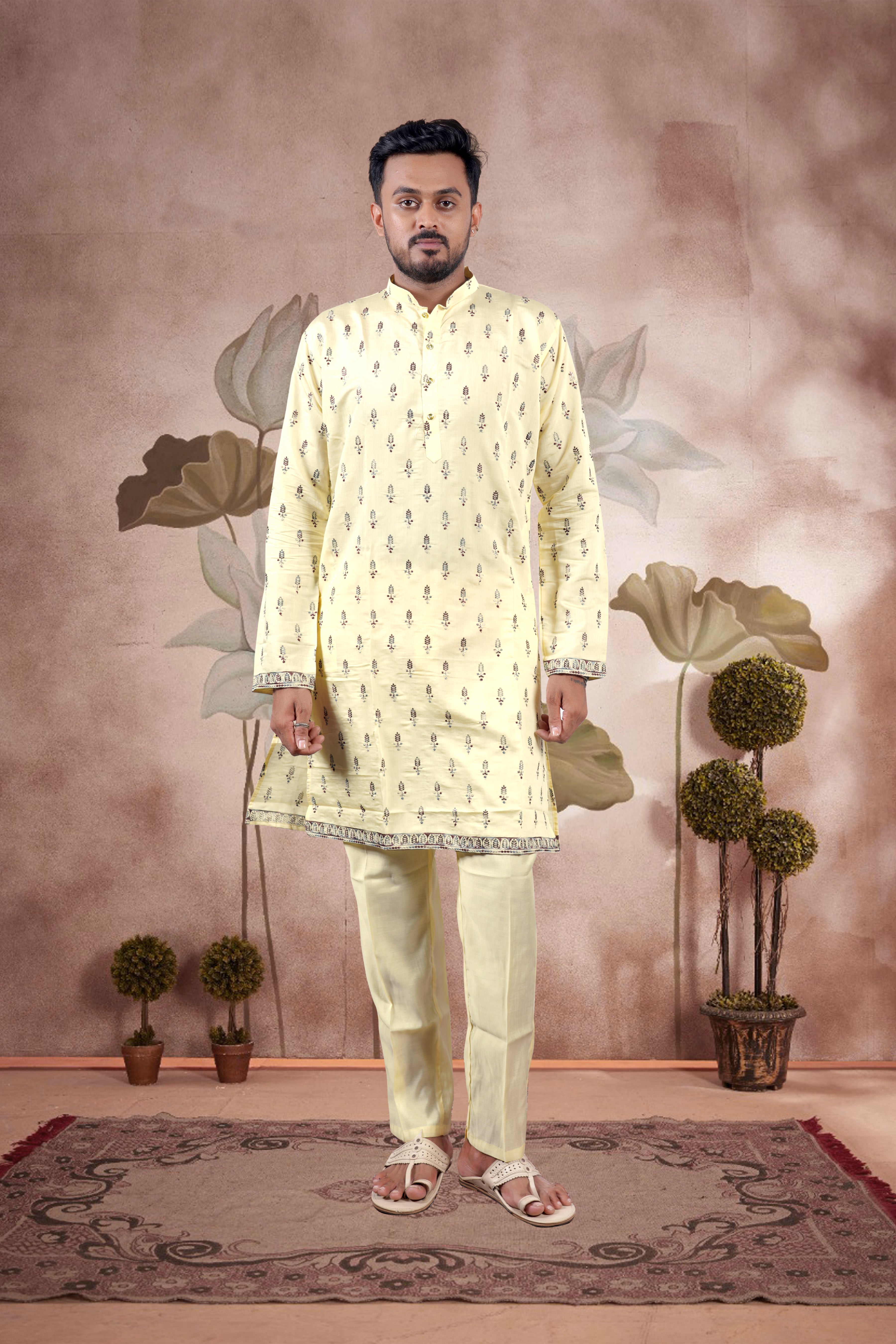 Yellow Embroidered Kurta Set with Jacket