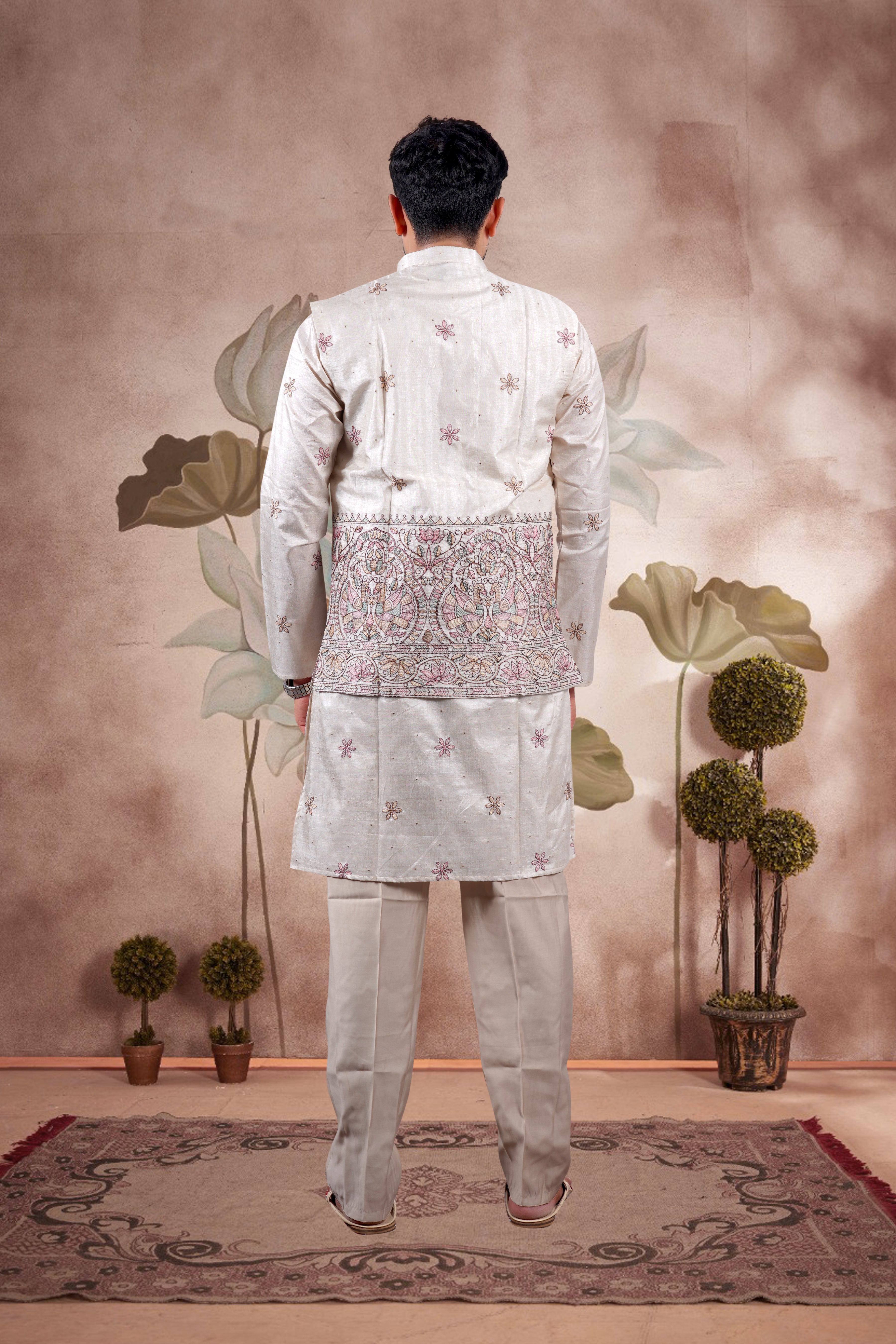 Beige Embroidered Kurta Set with Jacket