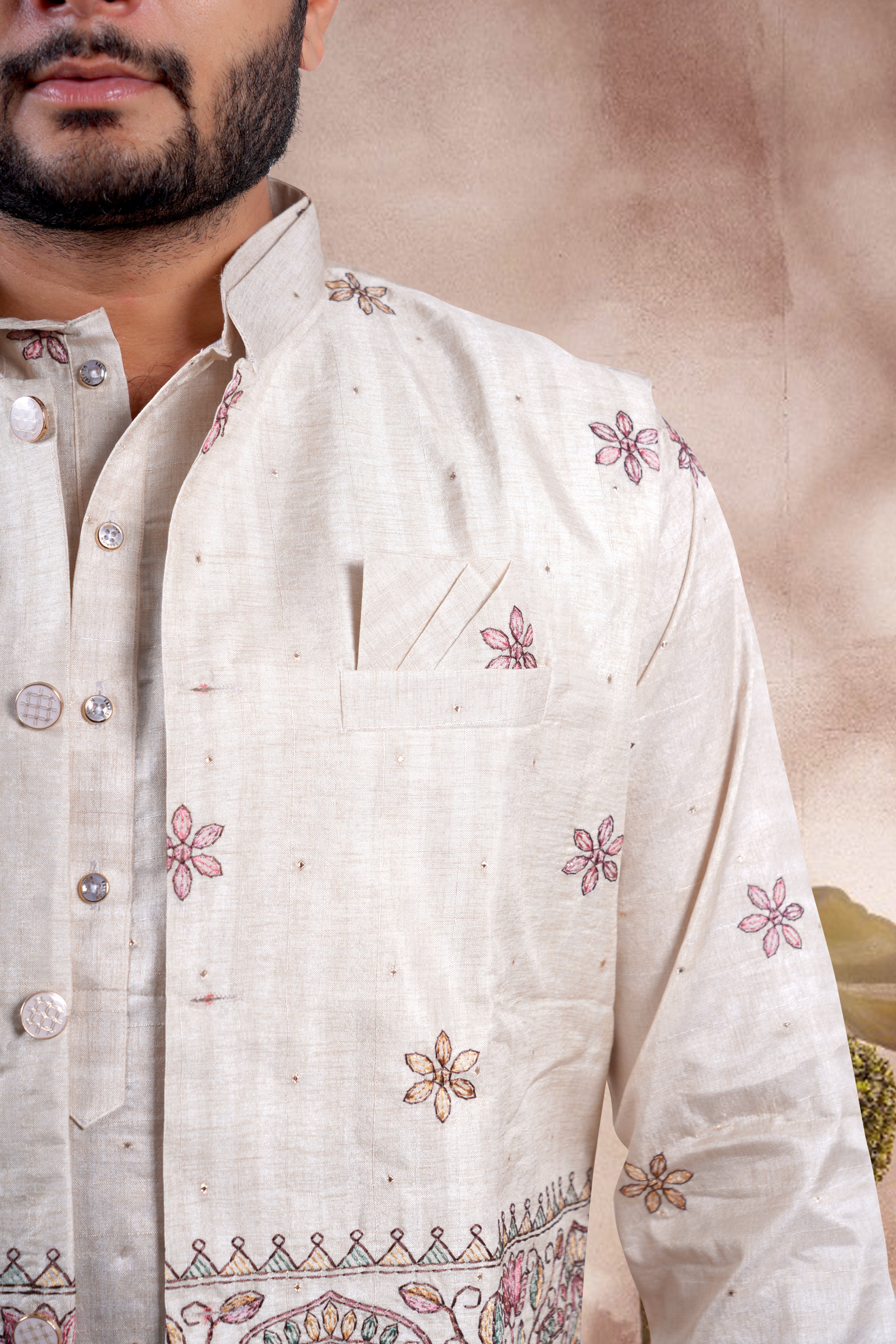 Beige Embroidered Kurta Set with Jacket