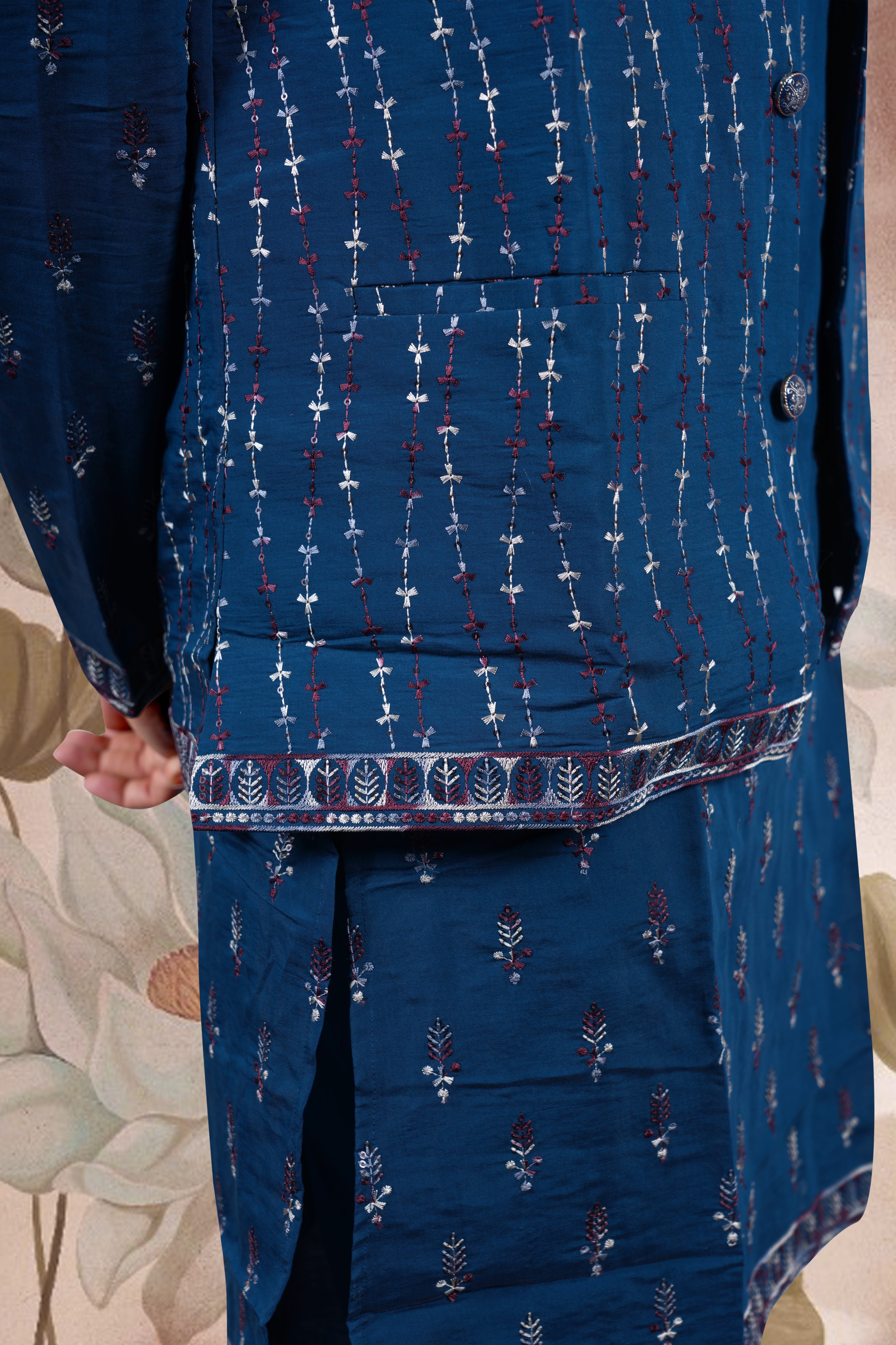 Deep Navy Blue Embroidered Kurta Set with Jacket