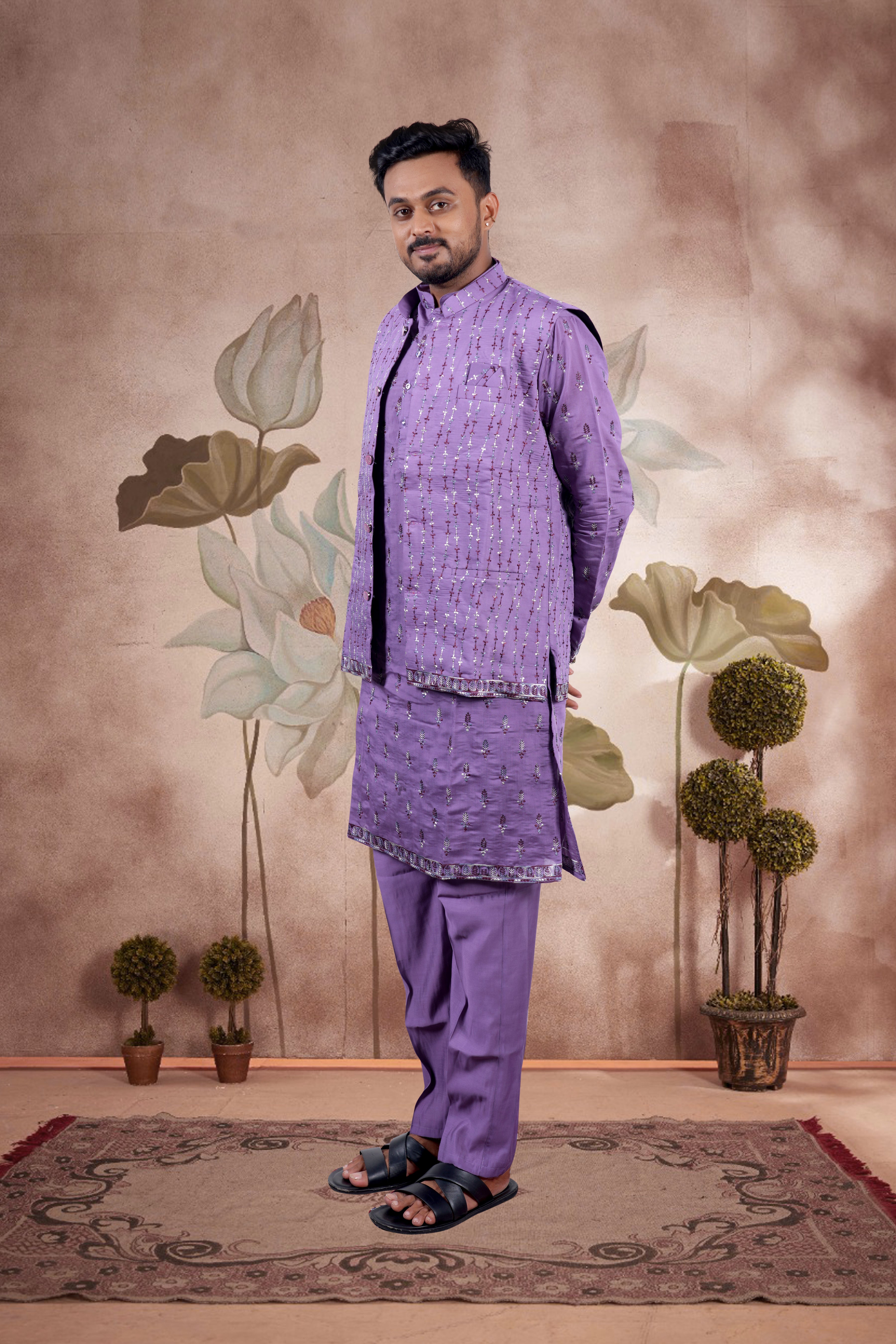 Lavender Embroidered Kurta Set with Jacket
