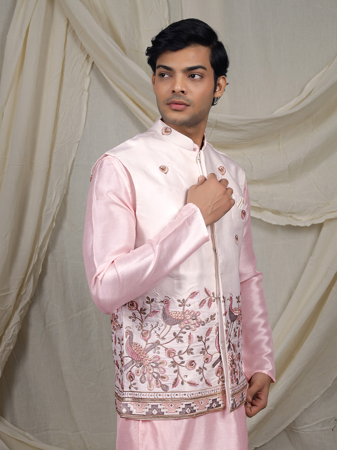 Blush Pink Silk Blend Kurta Pant with Ivory Nehru Jacket