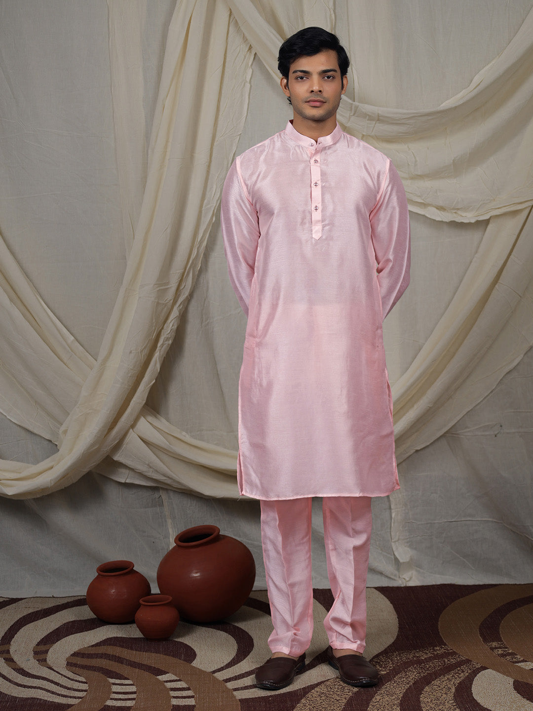Blush Pink Silk Blend Kurta Pant with Ivory Nehru Jacket