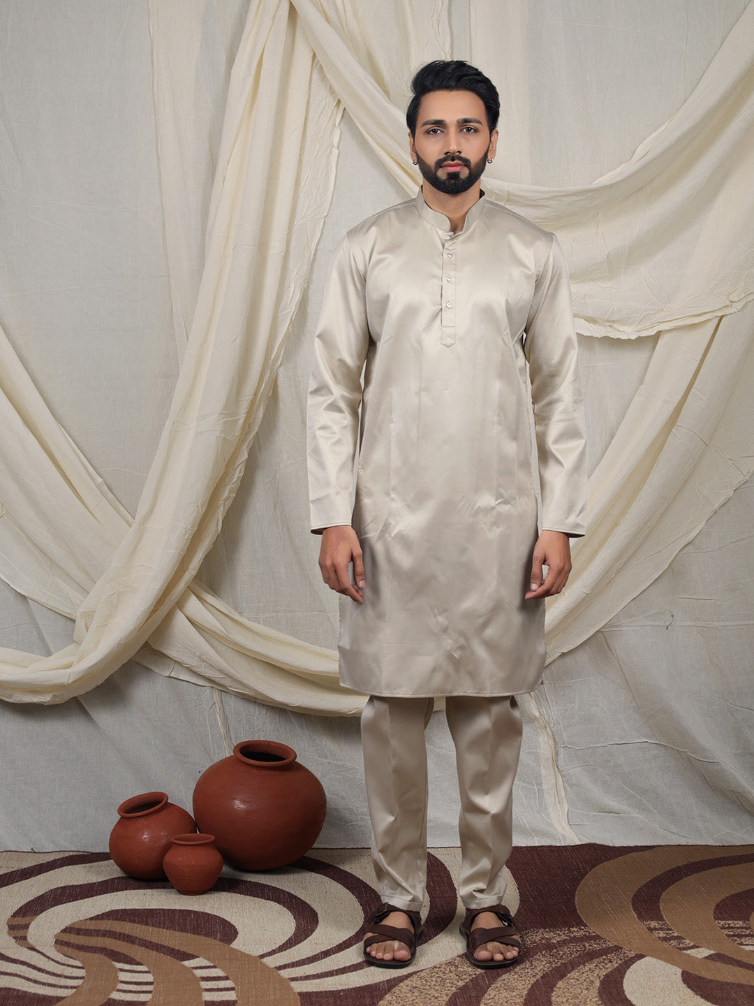 Beige Silk Blend Embroidered Ethnic Set