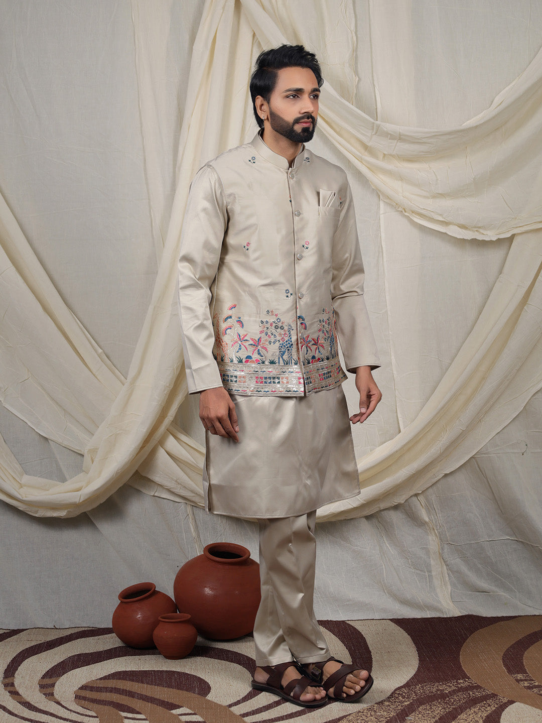 Beige Silk Blend Embroidered Ethnic Set