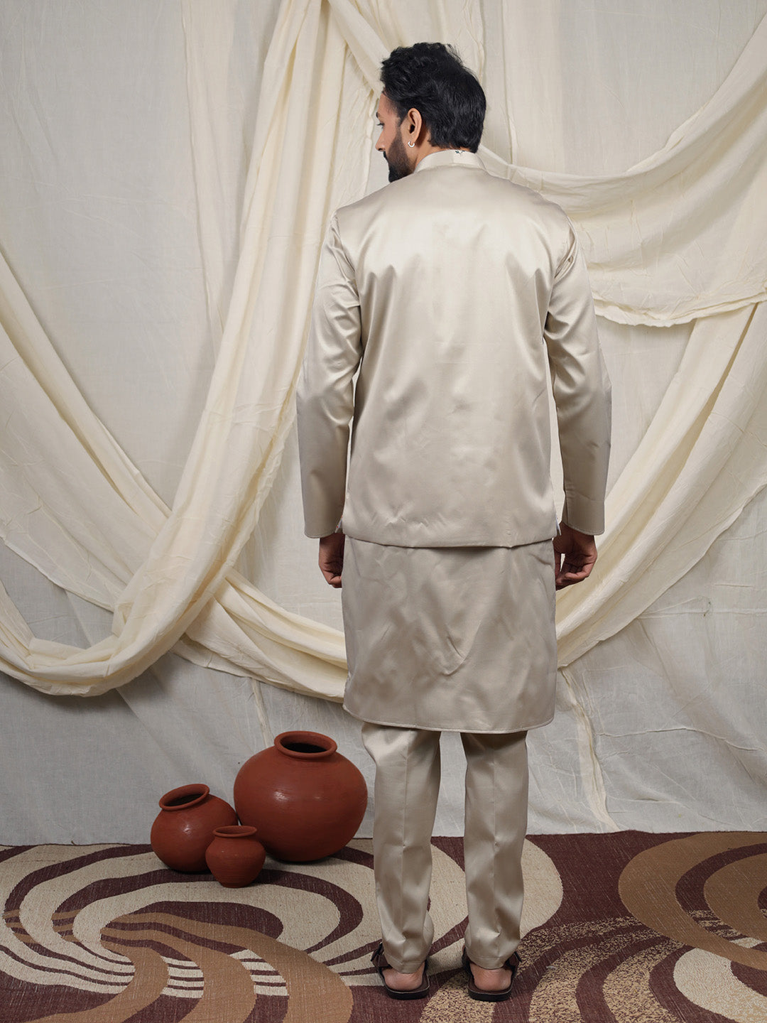 Beige Silk Blend Embroidered Ethnic Set