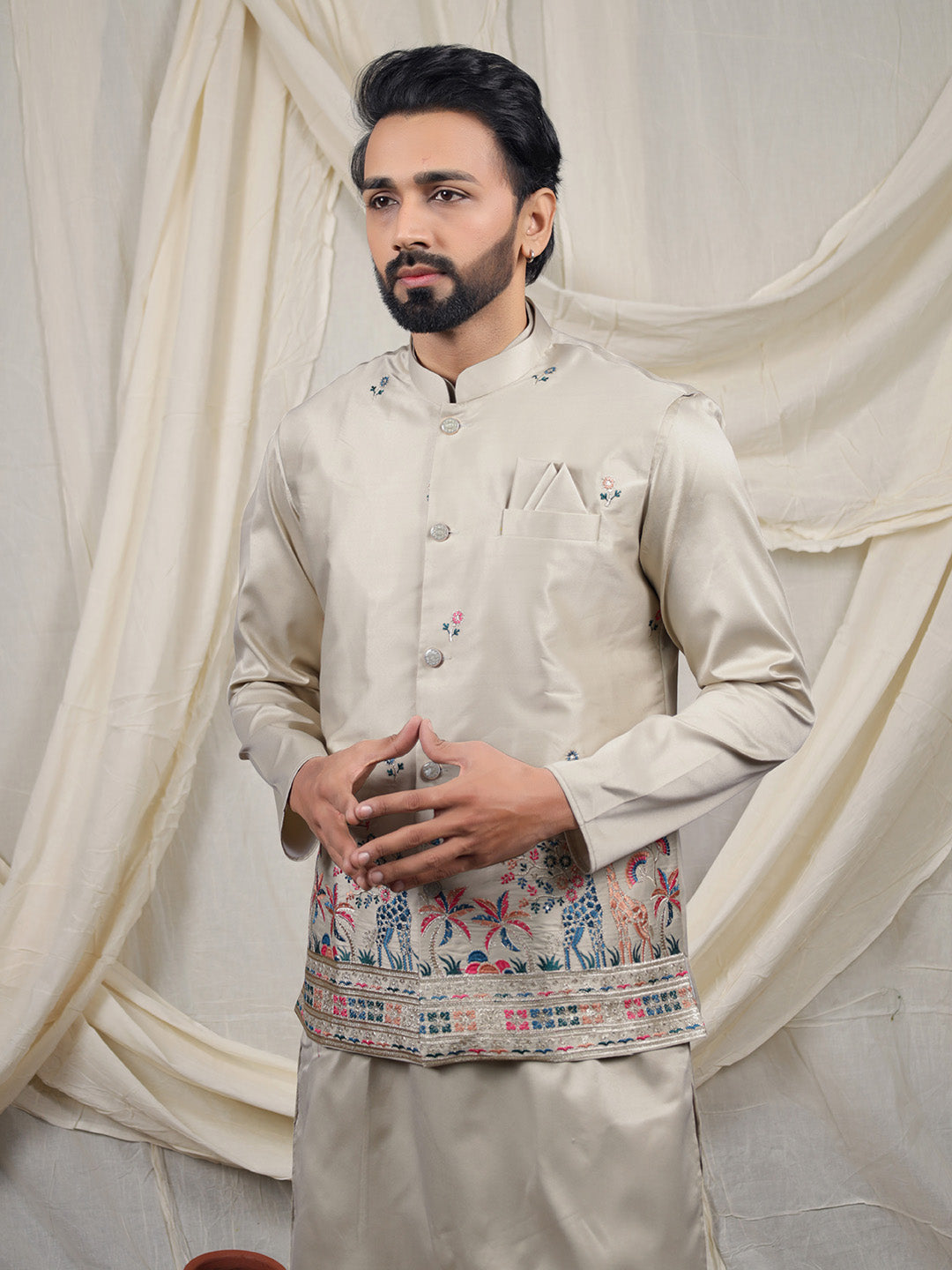 Beige Silk Blend Embroidered Ethnic Set