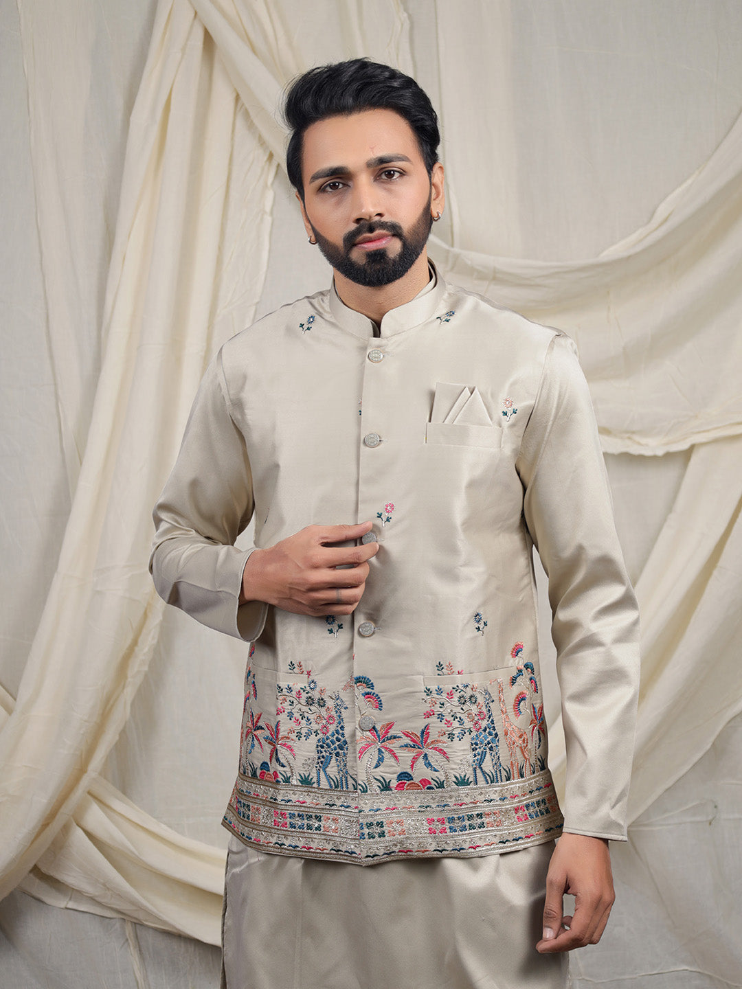 Beige Silk Blend Embroidered Ethnic Set