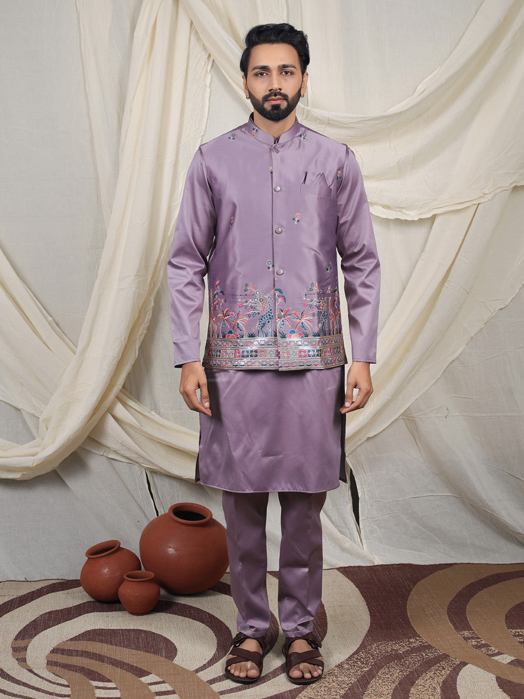 Purple Silk Blend Embroidered Ethnic Set