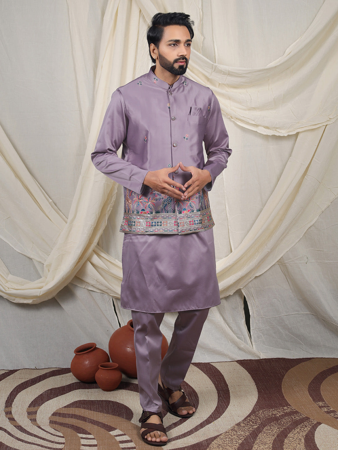 Purple Silk Blend Embroidered Ethnic Set