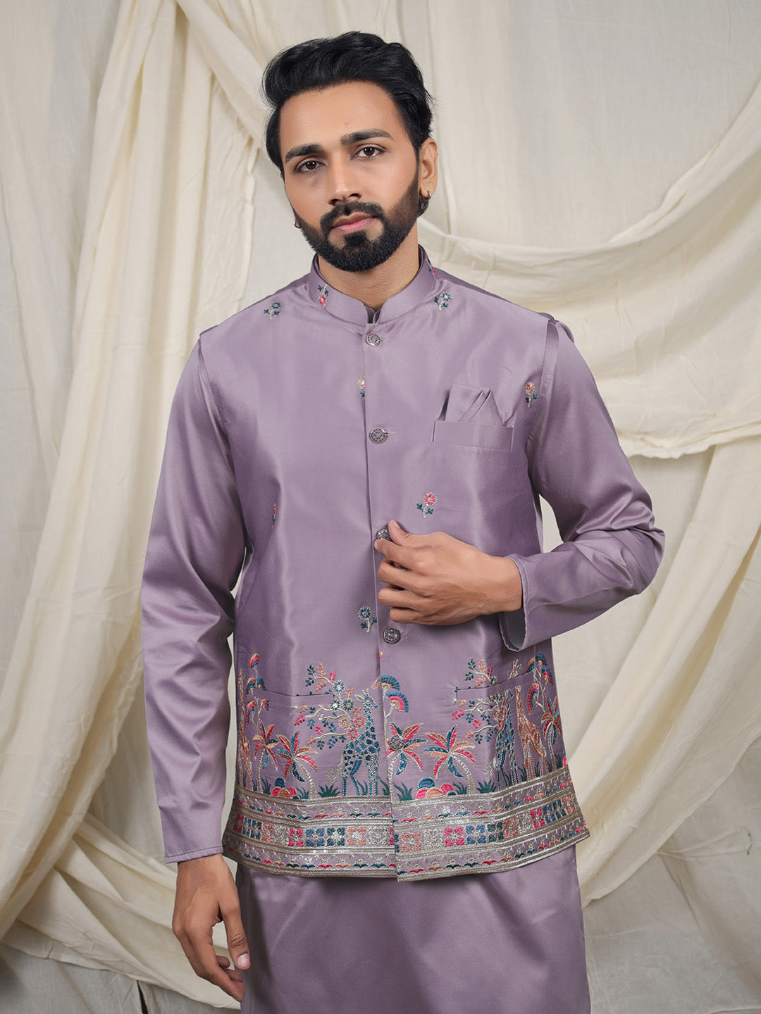 Purple Silk Blend Embroidered Ethnic Set