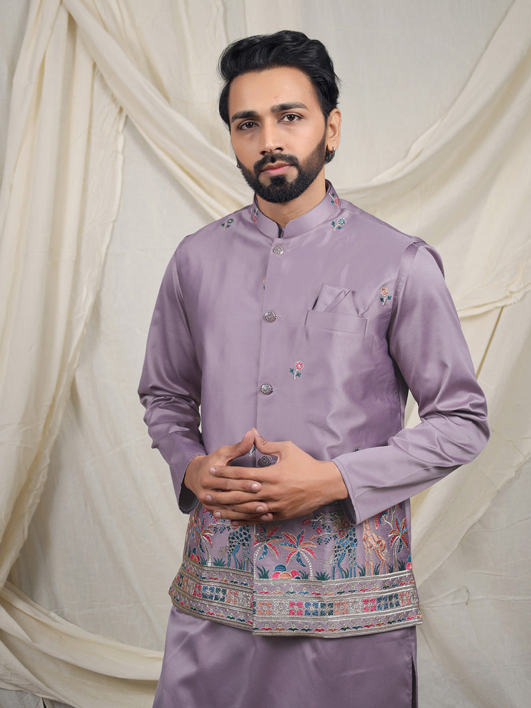 Purple Silk Blend Embroidered Ethnic Set