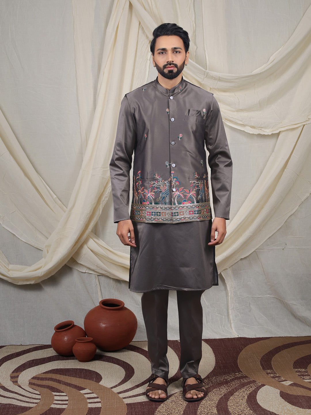 Grey Silk Blend Embroidered Ethnic Set