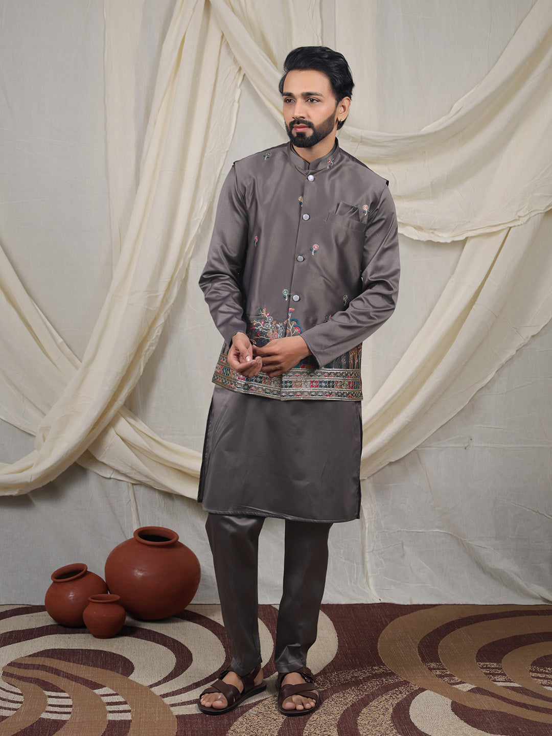 Grey Silk Blend Embroidered Ethnic Set