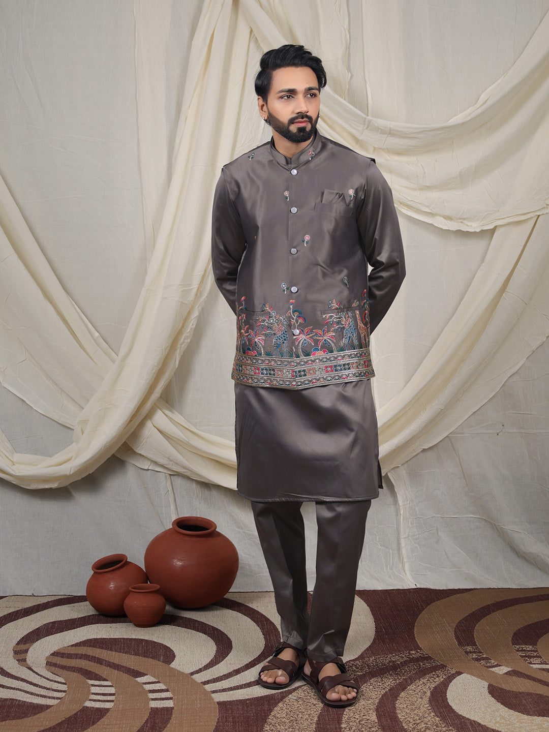 Grey Silk Blend Embroidered Ethnic Set