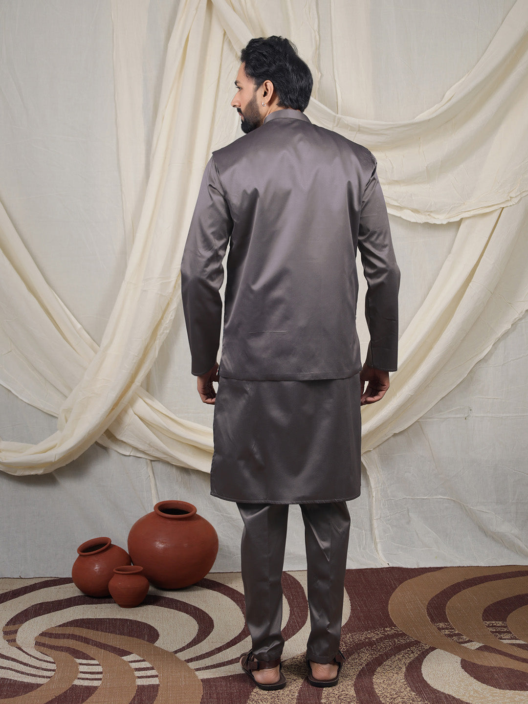 Grey Silk Blend Embroidered Ethnic Set